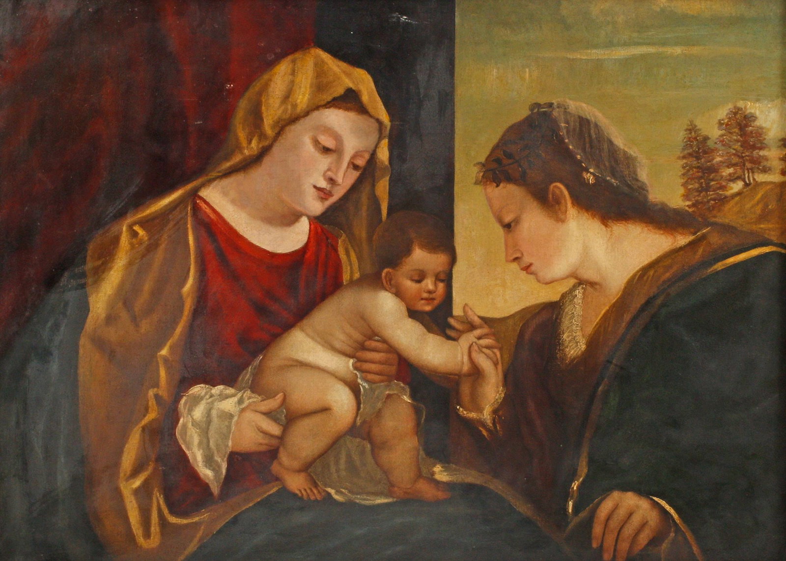 AFTER TITIAN RELIGIOUS PAINTING, THE MYSTICAL MARRIAGE OF ST. CATHERINE: Framed Continental School oil on canvas painting, The Mystical Marriage of Saint Catherine, after Tiziano Vecellio, called Titian (Italian, c.1485/90?-1576), apparently unsigned, sight: approx 26.5"h,
