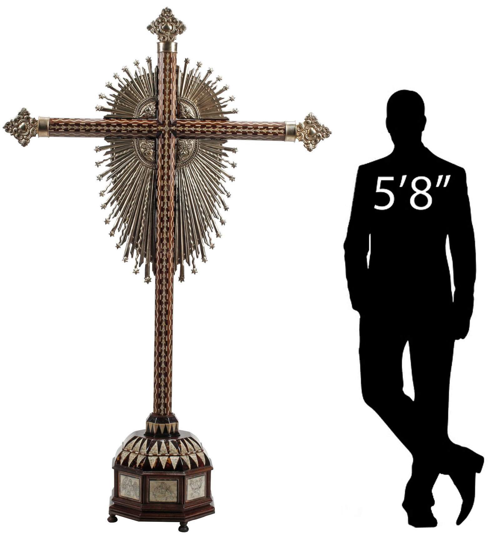 LARGE COLONIAL-STYLE METAL-MOUNTED & INLAID ECCLESIASTICAL CROSS, 81"H: Monumental Colonial-style ecclesiastical cross, in the Indo-Portuguese taste, with repousse silver-tone metal mounts, carved inlay and banded trim, having scrolled foliate crest, above radiating sunbu
