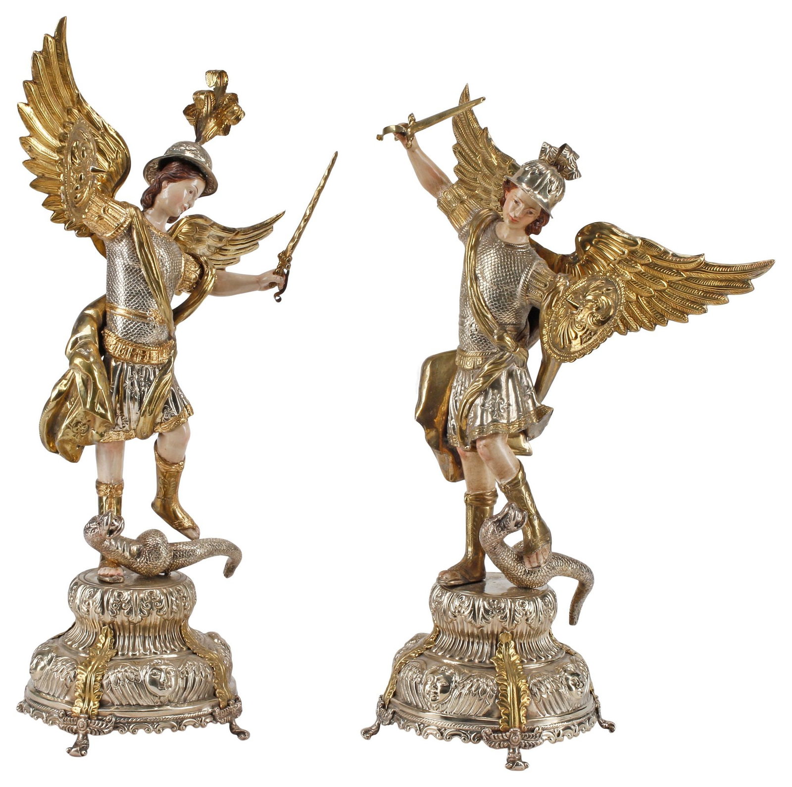 (2) COLONIAL STYLE REPOUSSE-CLAD PARCEL-GILT FIGURES, ST. MICHAEL ARCHANGEL (1 of 6)