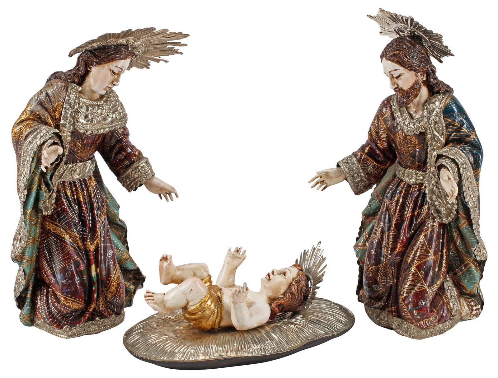 (3) COLONIAL STYLE REPOUSSE-CLAD CARVED WOOD NATIVITY SCENE (1 of 5)