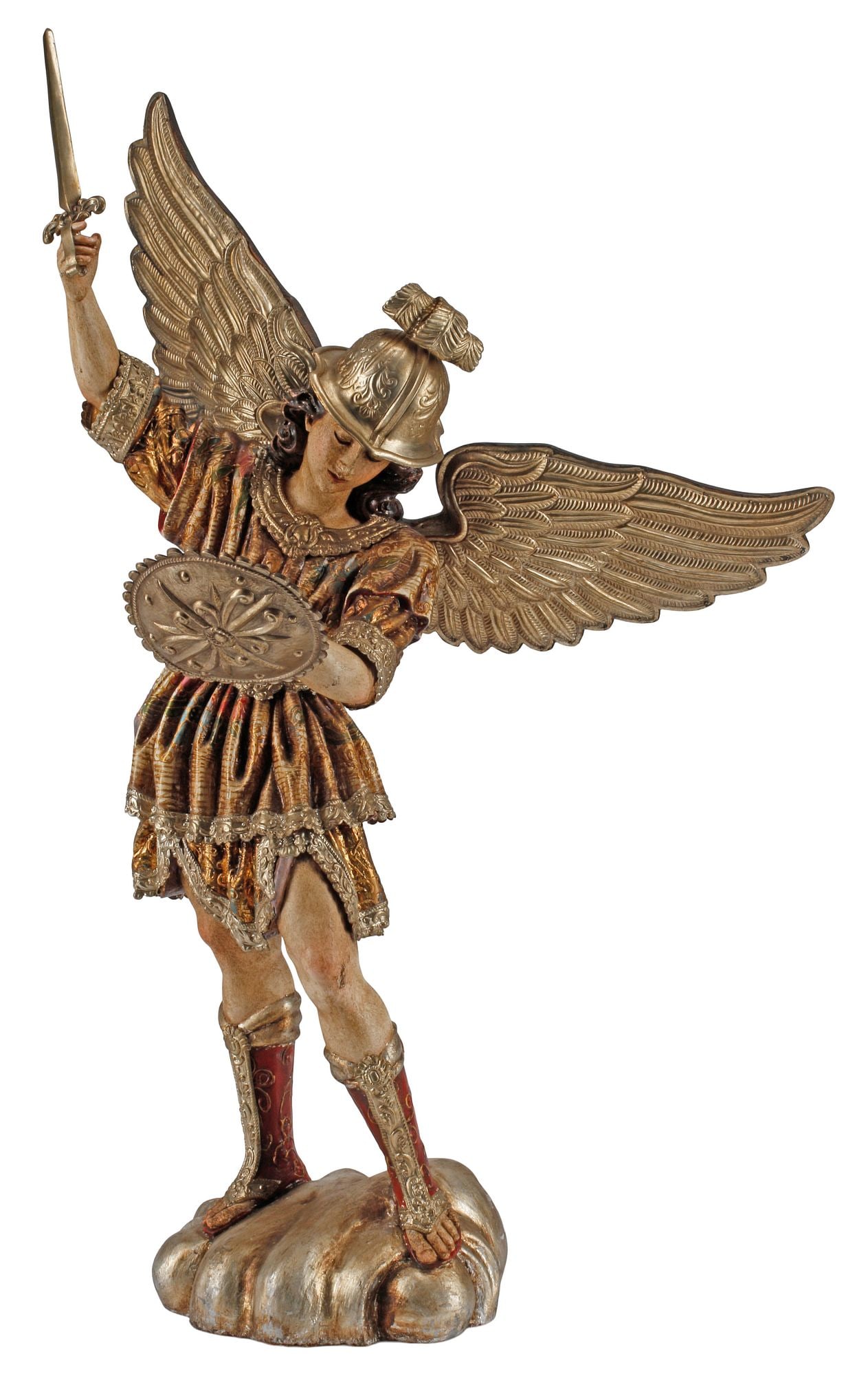 COLONIAL STYLE PARCEL-GILT & REPOUSSE-CLAD FIGURE, ST. MICHAEL THE ARCHANGEL, 32"H (1 of 6)