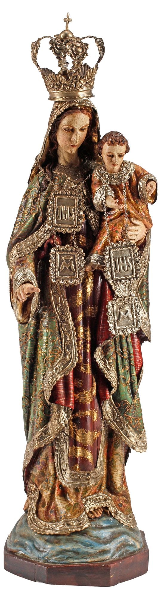 COLONIAL STYLE REPOUSSE-CLAD WOOD SANTO FIGURE, OUR LADY OF MOUNT CARMEL, 29"H: Large Colonial style polychrome-painted carved wood santo figure, Our Lady of Mount Carmel, accented with repousse silver-tone metal cladding, depicting the Virgin saint in draped robes and crown, sta