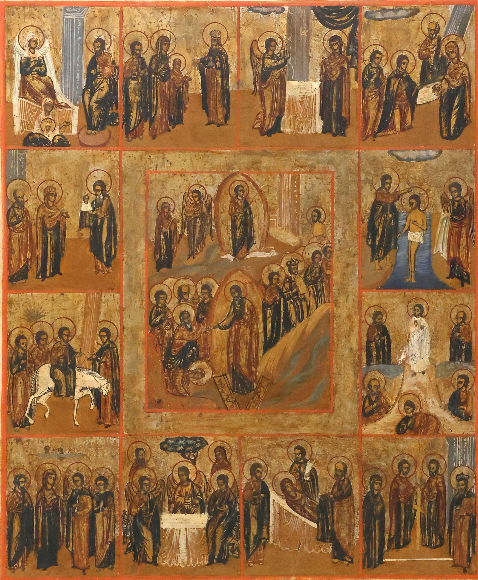RUSSIAN ORTHODOX 'TWELVE GREAT FEASTS' RELIGIOUS ICON ON PANEL: Russian Orthodox tempura icon on wood panel, with scenes of the "Twelve Great Feasts of Orthodoxy" on gilt ground, framing central scene of the Resurrection with three episodes of Easter including the