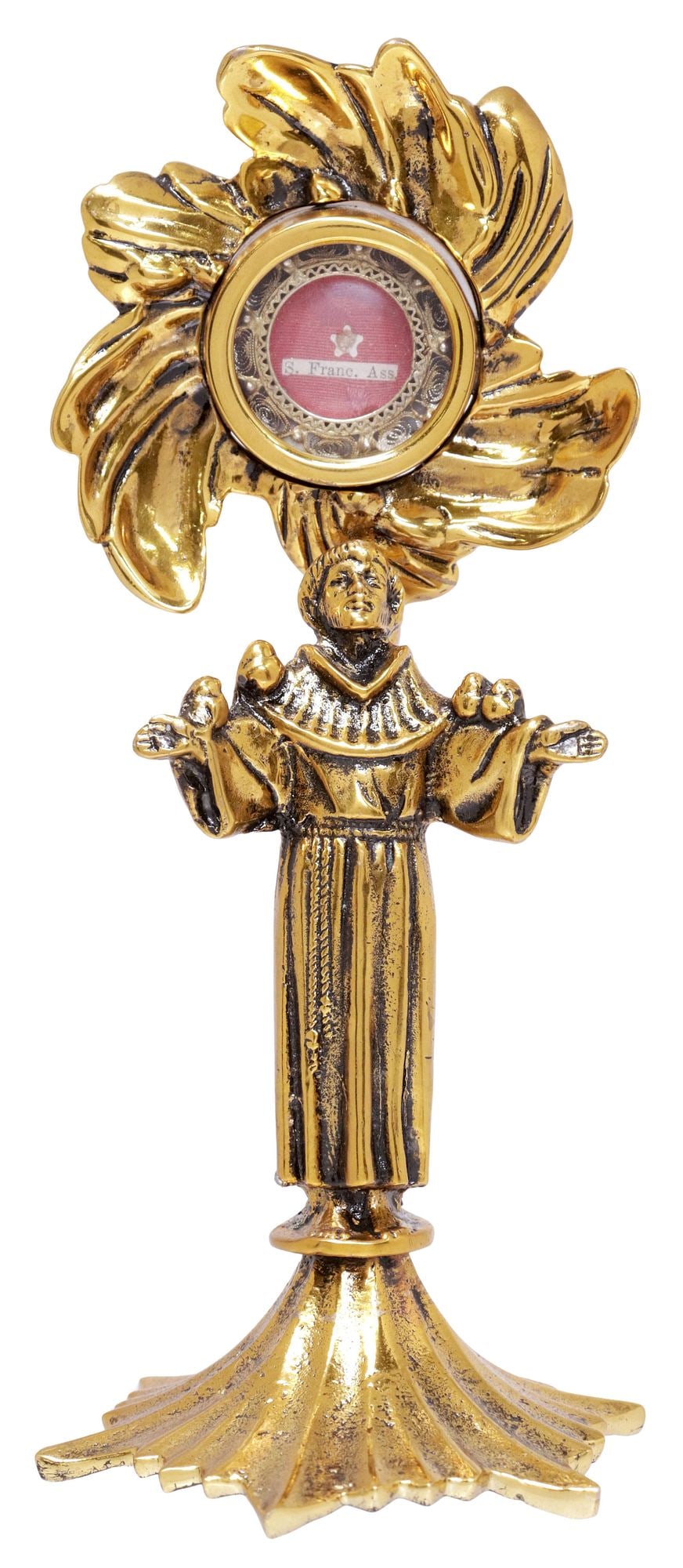 1ST-CLASS RELIC OF ST. FRANCIS OF ASSISI IN FIGURAL ALTAR RELIQUARY: First-class relic of Saint Francis of Assisi, housed in a .800 silver-gilt theca reliquary, with scalloped filigree border, red wax seal with the Redemptorist coat of arms verso, further encased in a 