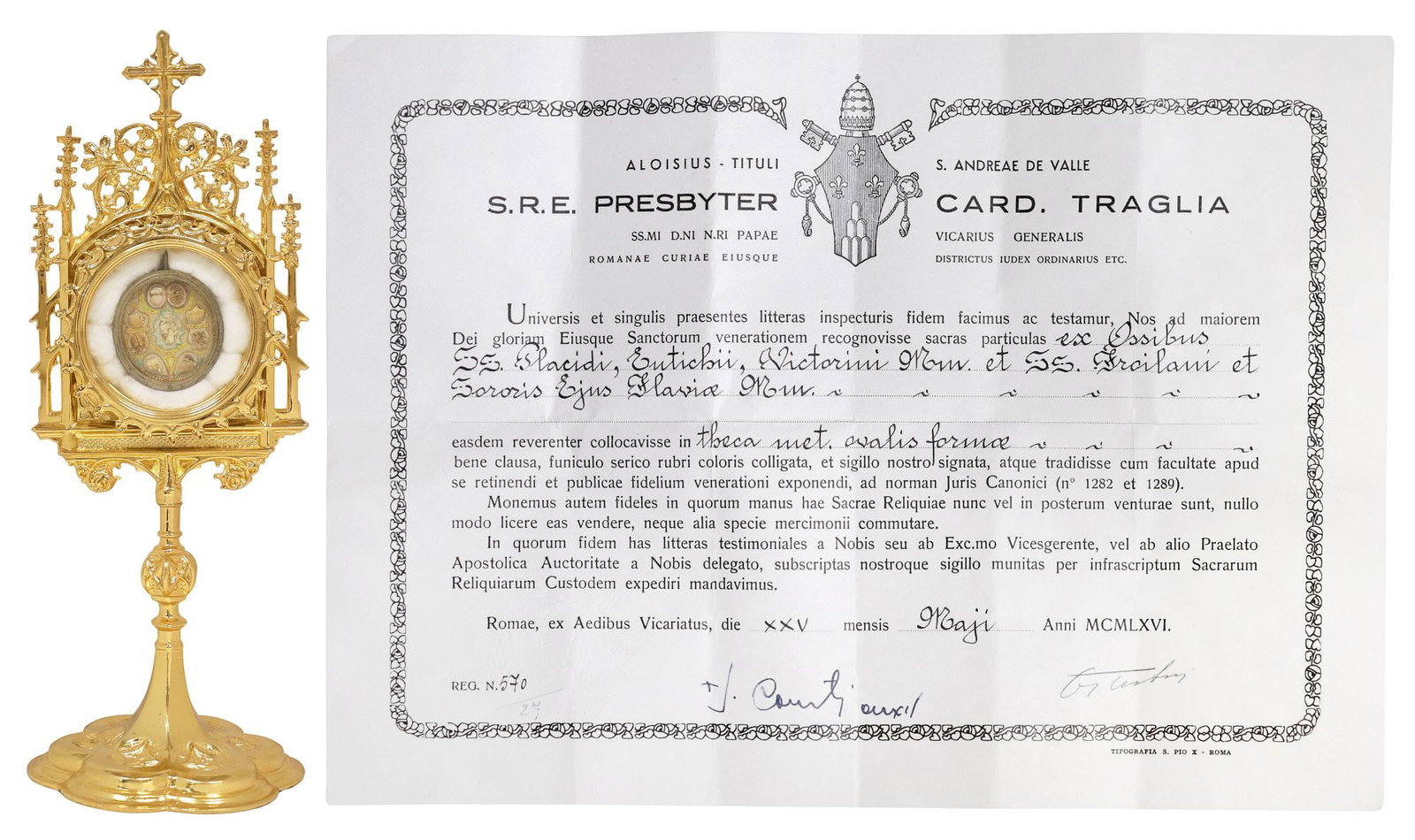 RELIQUARY CONTAINING FIVE 1ST-CLASS RELICS W/ COA, CATHOLIC FEAST DAY OCT. 5: Large silver-tone metal multi-relic theca reliquary, housing several first-class (ex ossibus and ex dentium) relics of five saints, all sharing the Catholic Feast Day of October 5th, including Saints 