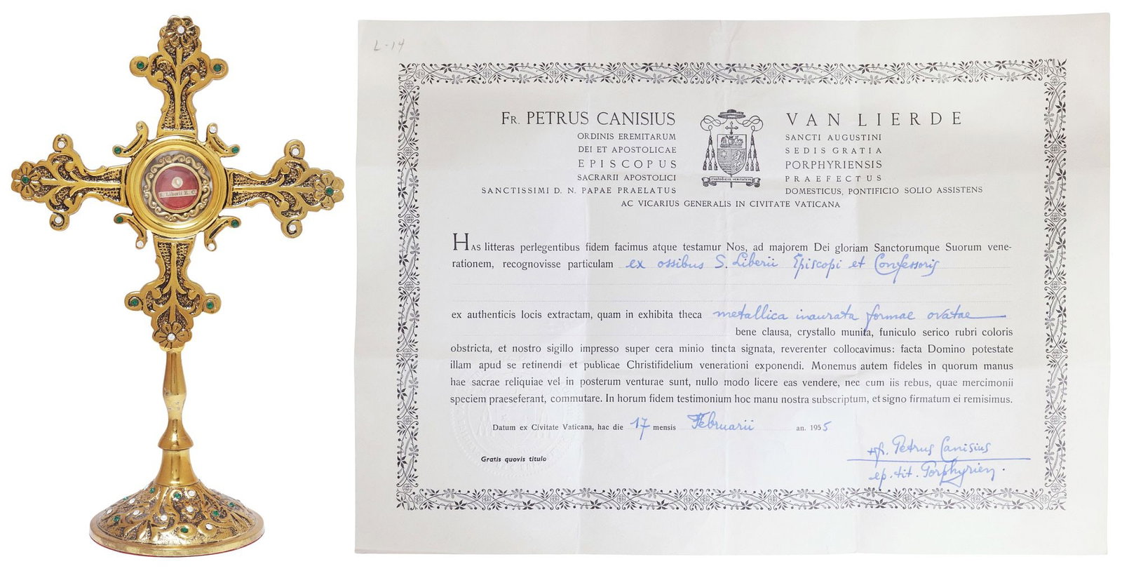 1ST-CLASS RELIC OF ST. LIBERIUS IN CRUCIFORM ALTAR RELIQUARY WITH COA: First-class (ex ossibus) relic of Saint Liberius (Bishop, Confessor, and Pope of Rome from 352-366 AD, a major figure in the Eastern Orthodox Church), housed in a gold-tone metal theca with scrolled b