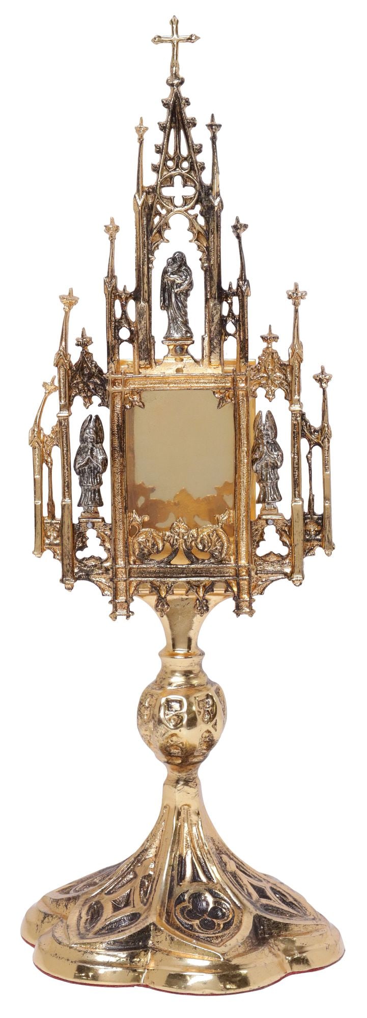 GOTHIC STYLE ARCHITECTURAL GILT-METAL ALTAR RELIQUARY: Gothic style gilt-metal altar reliquary, 20th c., with the Virgin Mary and Christ Child above two angels, in an architectural surround, complete with arches, spires, and pierced tracery, central recta