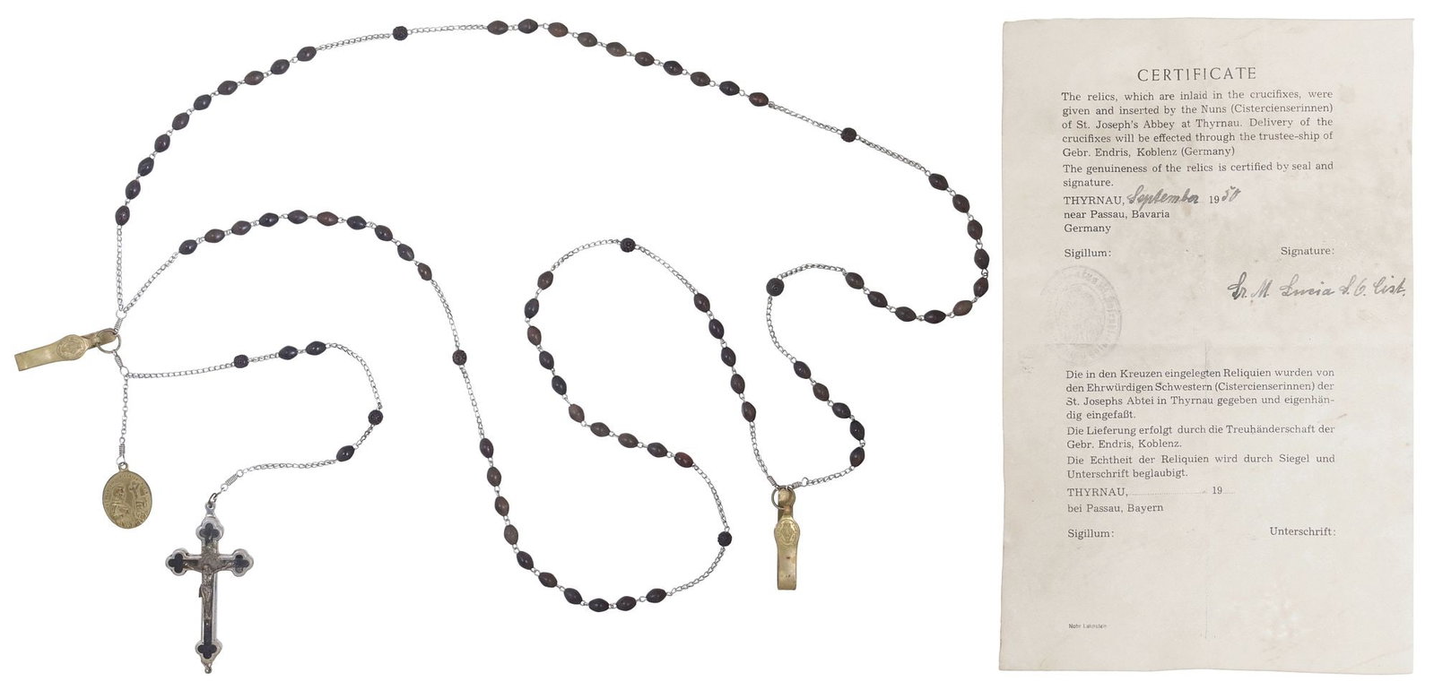 FRANCISCAN NUN'S HABIT ROSARY RELIQUARY W/ RELICS OF 3 SAINTS WITH COA: Franciscan nun's side habit rosary with pectoral reliquary crucifix, housing (three) relics of Saints Maria Teresa Goretti (Italian, 1890-1902), Blessed Pope Pius X (born Giuseppe Melchiorre Sarto, It
