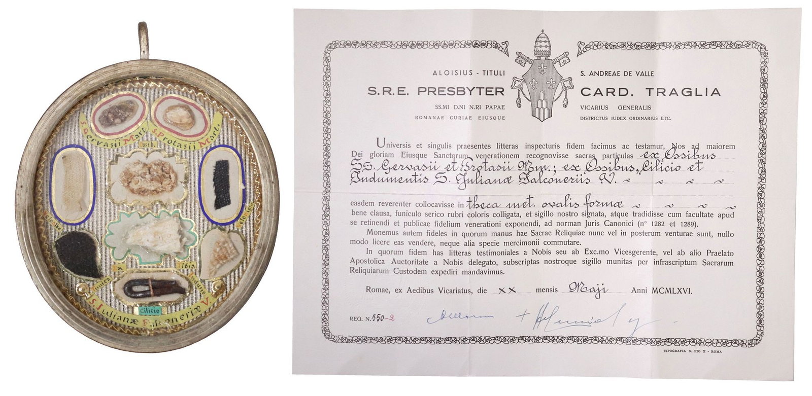 MULTI-RELIC THECA CONTAINING RELICS OF THREE JUNE 19TH FEAST DAY SAINTS WITH COA: Fine silver-tone metal multi-relic theca reliquary, housing relics of three saints, all sharing the Catholic Feast Day of June 19th, including: (four) first-class (ex ossibus) relics of Saints Gervadi