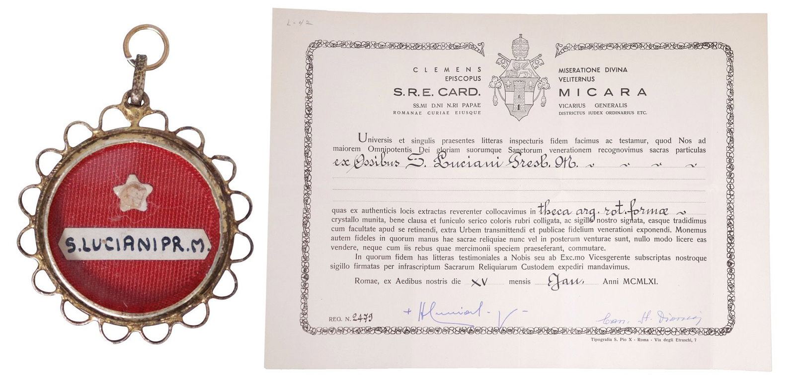 1ST-CLASS RELIC OF MARTYR ST. LUCIAN OF ANTIOCH IN THECA WITH COA: First-class (ex ossibus) relic of Saint Lucian of Antioch (Presbyter Priest and Martyr, theologian and scholar, known for revising the Hebrew Bible and New Testament, c.240-312), housed in a .800 silv