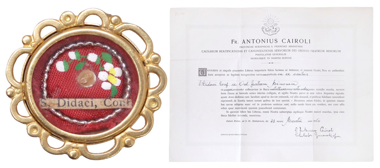 1ST-CLASS RELIC OF ST. DIDACUS OF ALCALA IN THECA RELIQUARY WITH COA (1 of 6)