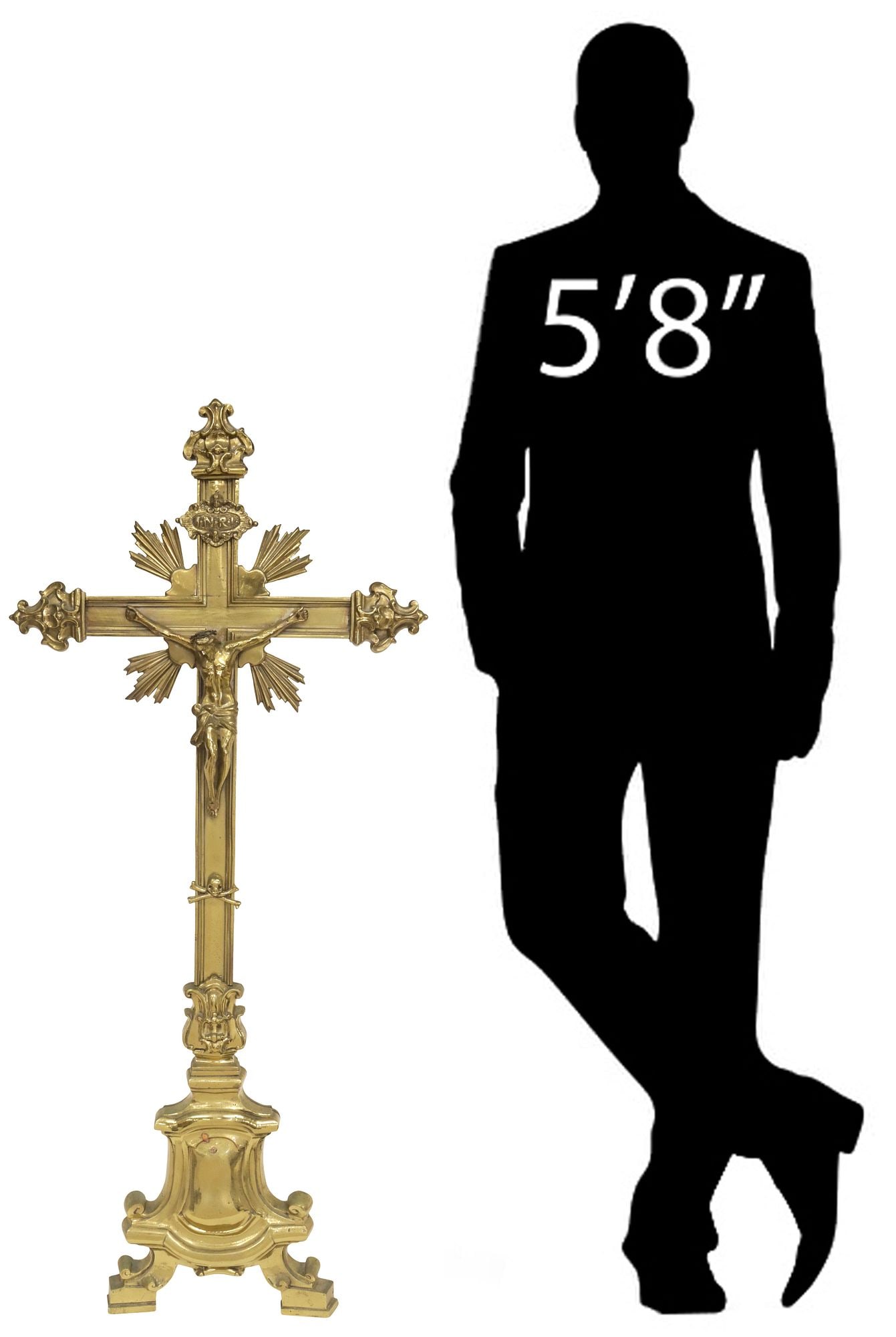 ITALIAN BAROQUE STYLE GILT-METAL ECCLESIASTICAL ALTAR CRUCIFIX, 43"H: Large Italian Baroque-style gilt-metal ecclesiastical altar crucifix, early 20th c., having scrolled terminals and radiating rays, centering Corpus Christi, with memento mori skull and INRI Christogra