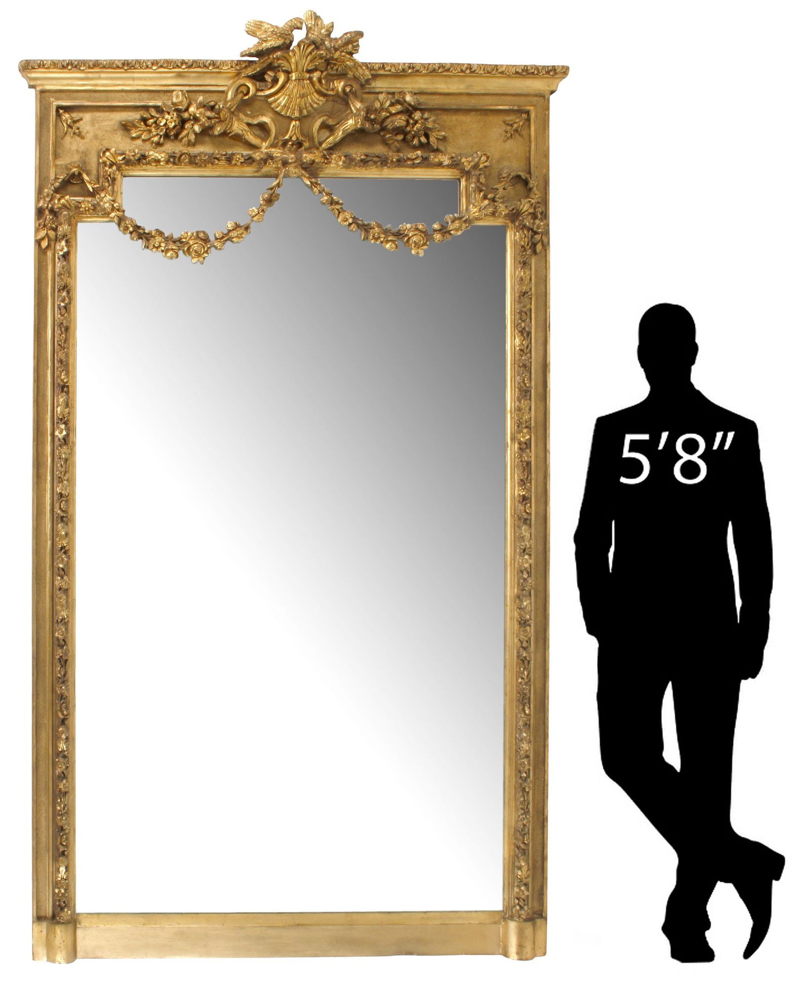 MONUMENTAL LOUIS XVI STYLE GILT TRUMEAU MIRROR, 90"H: Monumental Louis XVI style gilt composite wall mirror, crested by birds and cornucopia, floral and foliate-lined frame with sanded texture, encasing beveled mirror plate, approx 90"h, 54"w, 146lbs tot