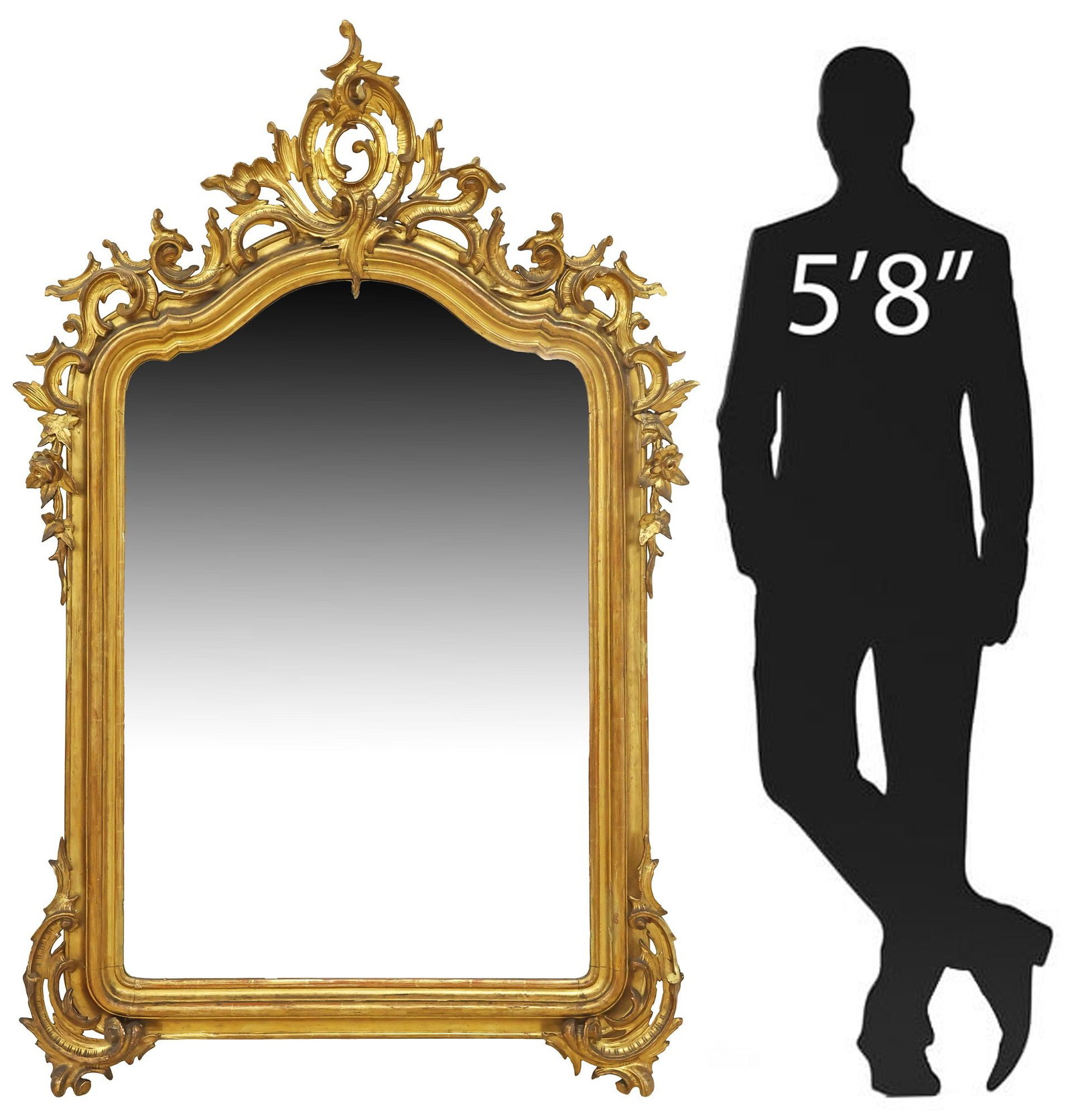 ITALIAN LOUIS XV STYLE GILTWOOD ROCAILLE MIRROR, 70.5"H: Italian Louis XV style giltwood mirror, 19th c., pierced rocaille and C-scroll crest, over arched frame with molded trim, encasing flat mirror plate, approx 70.5"h, 44"w, 54lbs