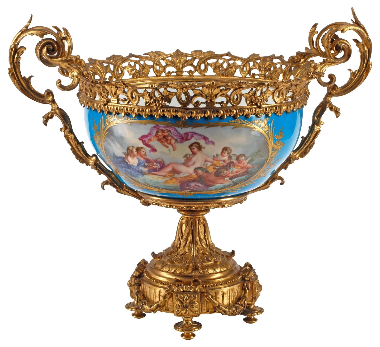 FRENCH SEVRES STYLE ORMOLU-MOUNTED PORCELAIN CENTERPIECE COMPOTE: French Sevres-style parcel-gilt porcelain centerpiece compote, 19th c., with bronze dore mounts, dual scrolling foliate handles and pierced trim, over reserve with allegorical figures and cherub motif
