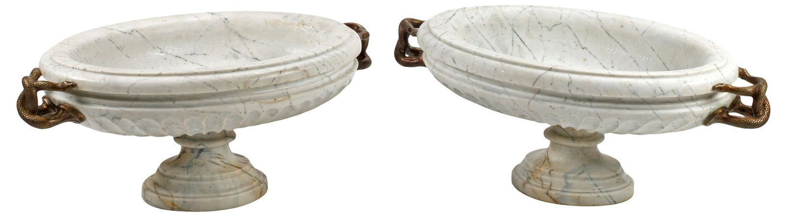 (2) NEOCLASSICAL STYLE MARBLE & BRONZE SNAKE-HANDLED URNS / TAZZAS: (pair) Neoclassical style white marble urn-form tazzas, each with dual bronze handles modeled as intertwined serpents, approx 12"h, 31"w, 18"d, 250lbs total