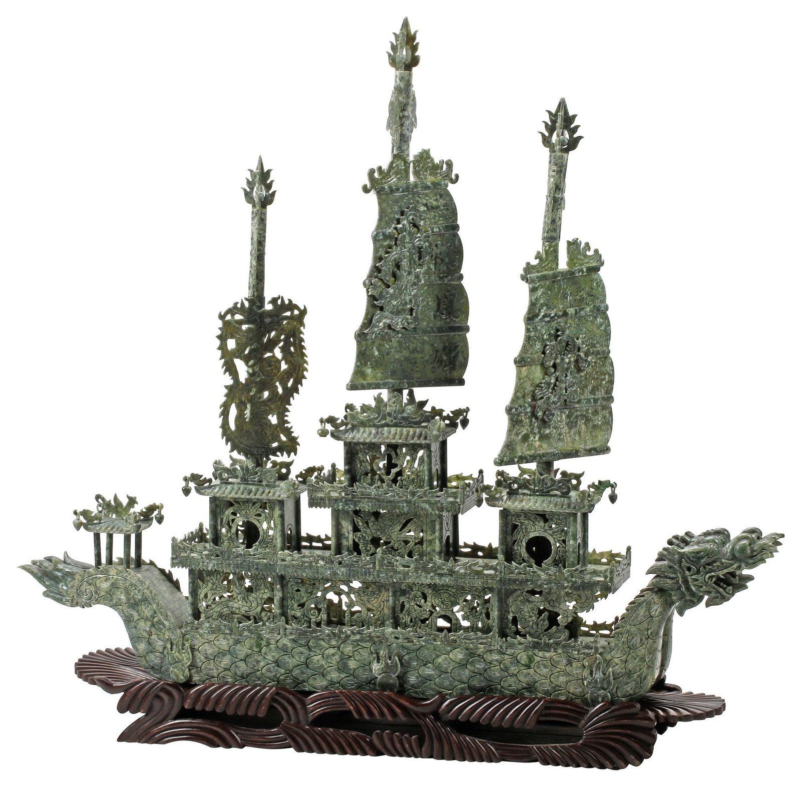 LARGE CHINESE CARVED GREEN HARDSTONE MODEL OF A DRAGON BOAT ON STAND (1 of 5)