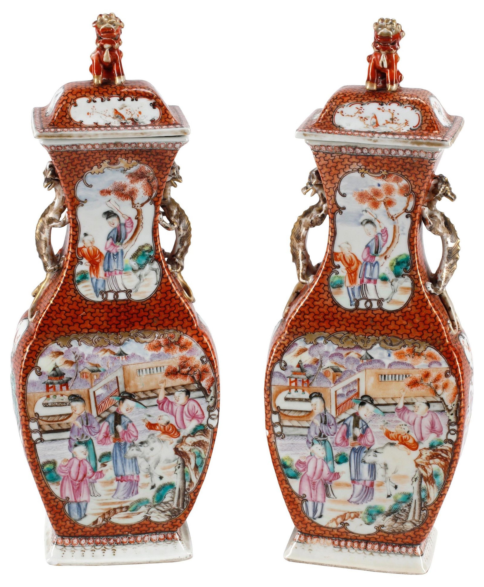 (2) CHINESE MANDARIN PALETTE RECTANGULAR PORCELAIN VASES & COVERS: (pair) Chinese Mandarin palette rectangular porcelain covered vases, each having foo lion finial and dragon-form handles, reserves with figural courtyard scenes, on rust-colored ground, approx 14.5"h,