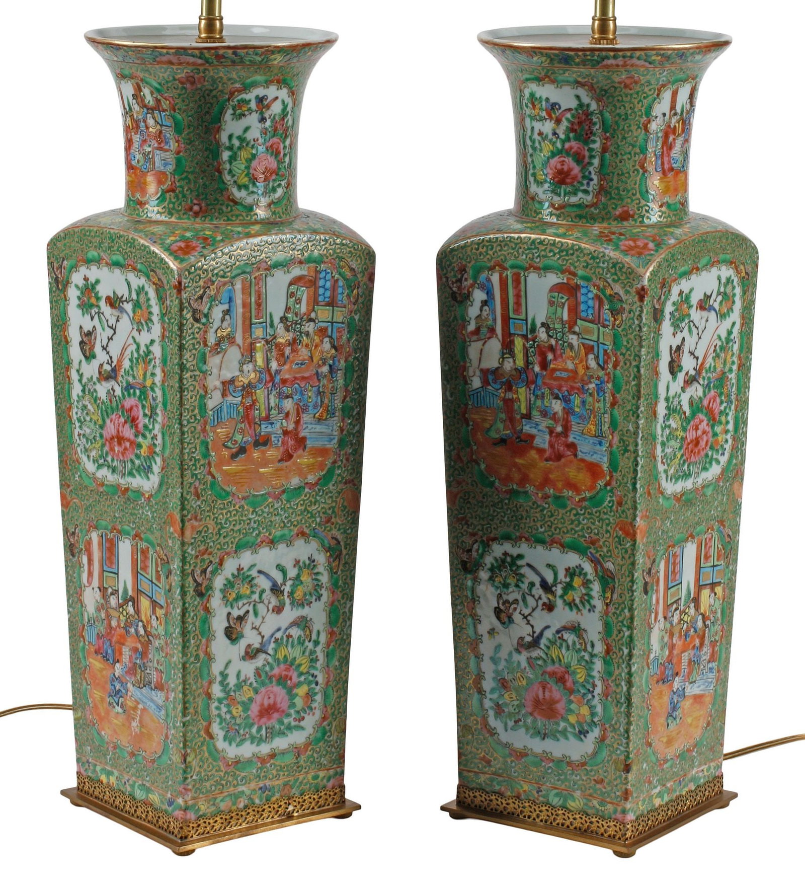 (2) CHINESE ROSE MEDALLION PORCELAIN SQUARE VASE 2-LIGHT TABLE LAMPS (1 of 7)