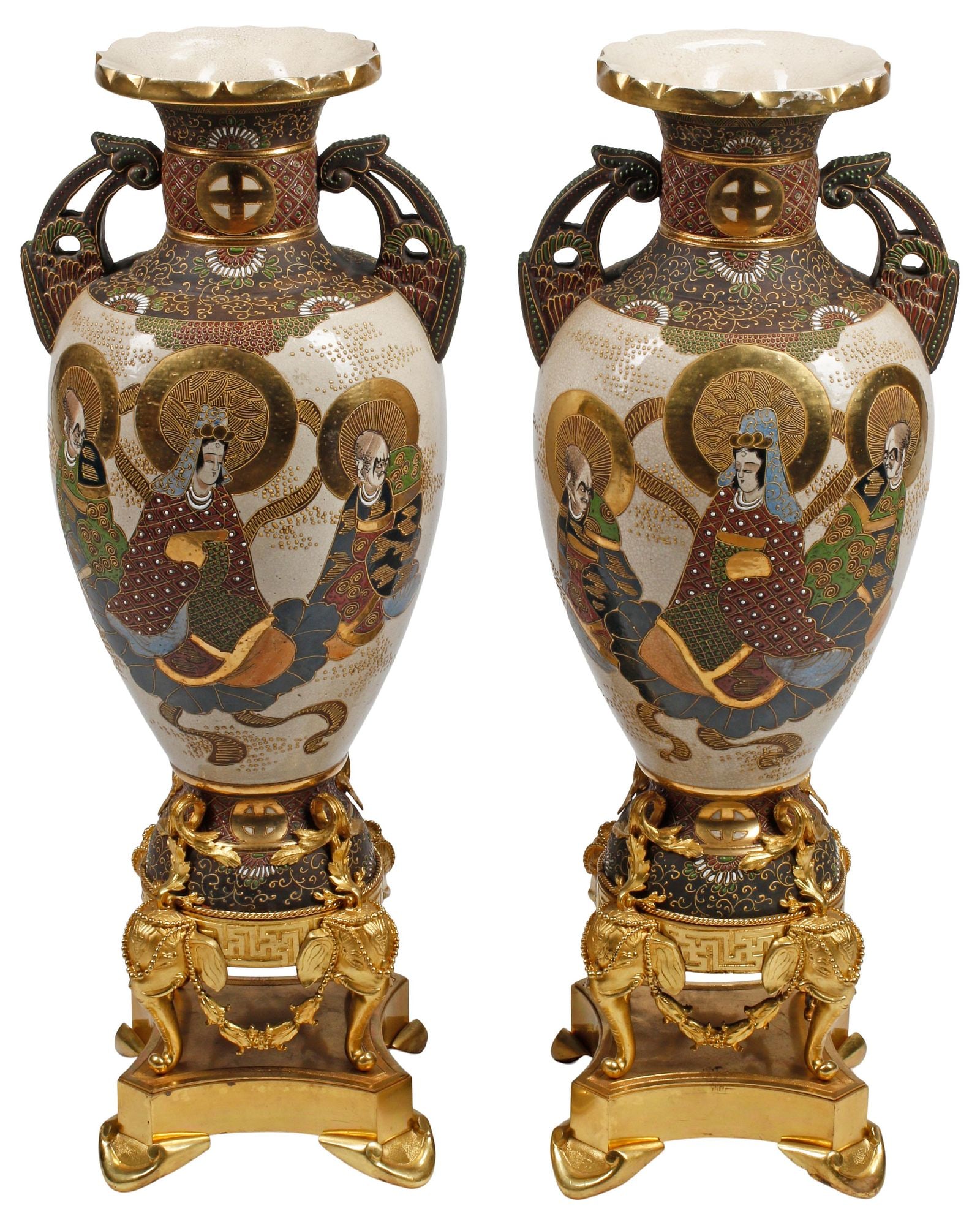 (2) LARGE SATSUMA STYLE ORMOLU-MOUNTED PORCELAIN 'RAKAN' VASES, 32"H: (pair) Large Satsuma style porcelain baluster vases, with bronze dore mounts, each having flared rim and dual pierced handles, over tapered body depicting scenes of the Buddhist rakan (arhats), on gil