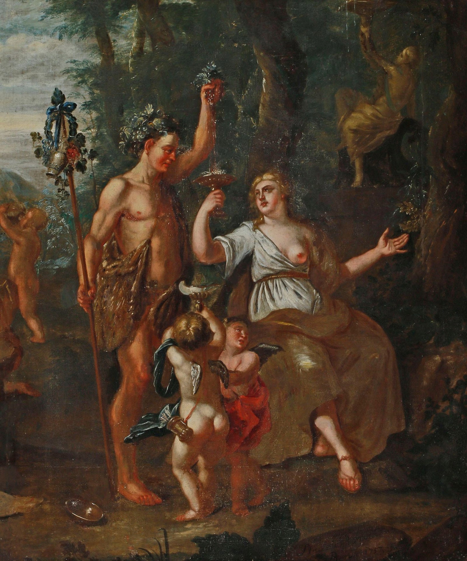 CONTINENTAL SCHOOL (18TH C.) PAINTING, ALLEGORICAL SCENE W/ BACCHUS & PUTTI: Framed Continental School oil on canvas painting, Allegorical Scene with Bacchus Offering Wine to a Maiden and Putti, illegibly signed lower right, dated 1757, sight: approx 31.5"h, 26.5"w, overall: a