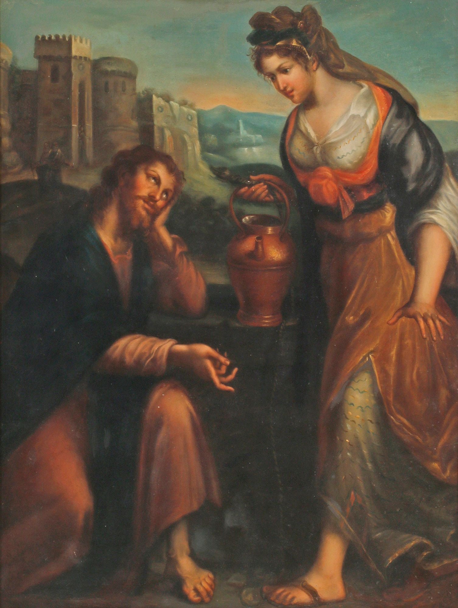 AFTER LAVINIA FONTANA (1551-1614) PAINTING, CHRIST & SAMARIA WOMAN: Framed oil on canvas painting, "Christ and the Samaritan Woman," after Lavinia Fontana (Italian, 1552-1614), apparently unsigned, sight: approx 39.5"h, 29"w, overall: approx 51.5"h, 40.5"w, 33lbs
