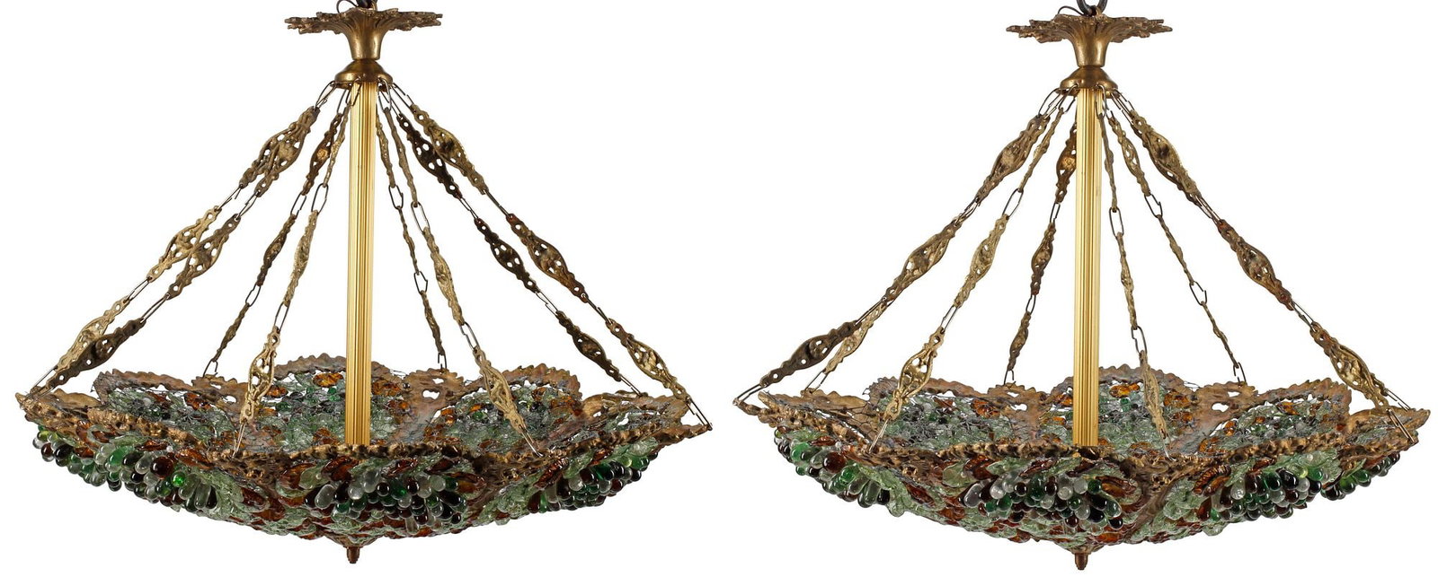 (2) LARGE ORMOLU & COLORED FRUIT CLUSTERS & DISC CRYSTAL 3-LT CHANDELIER: (pair) Large bronze dore and colored crystal three-light ceiling lamps, each having domed frame, clad in polychrome floriforms with beaded pistils and clusters of fruit, with fluted center s