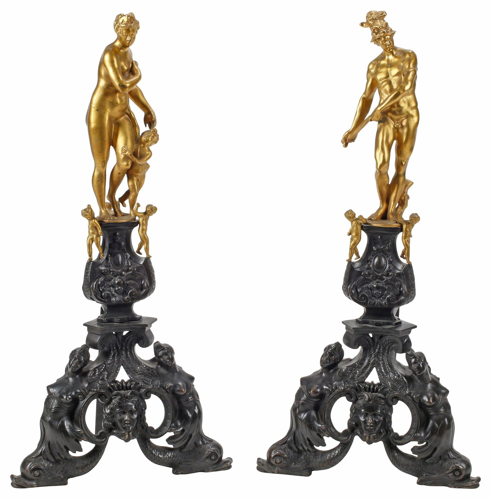 (2) LARGE NEOCLASSICAL STYLE PATINATED & GILT BRONZE FIGURAL CHENETS, 35"H (1 of 5)