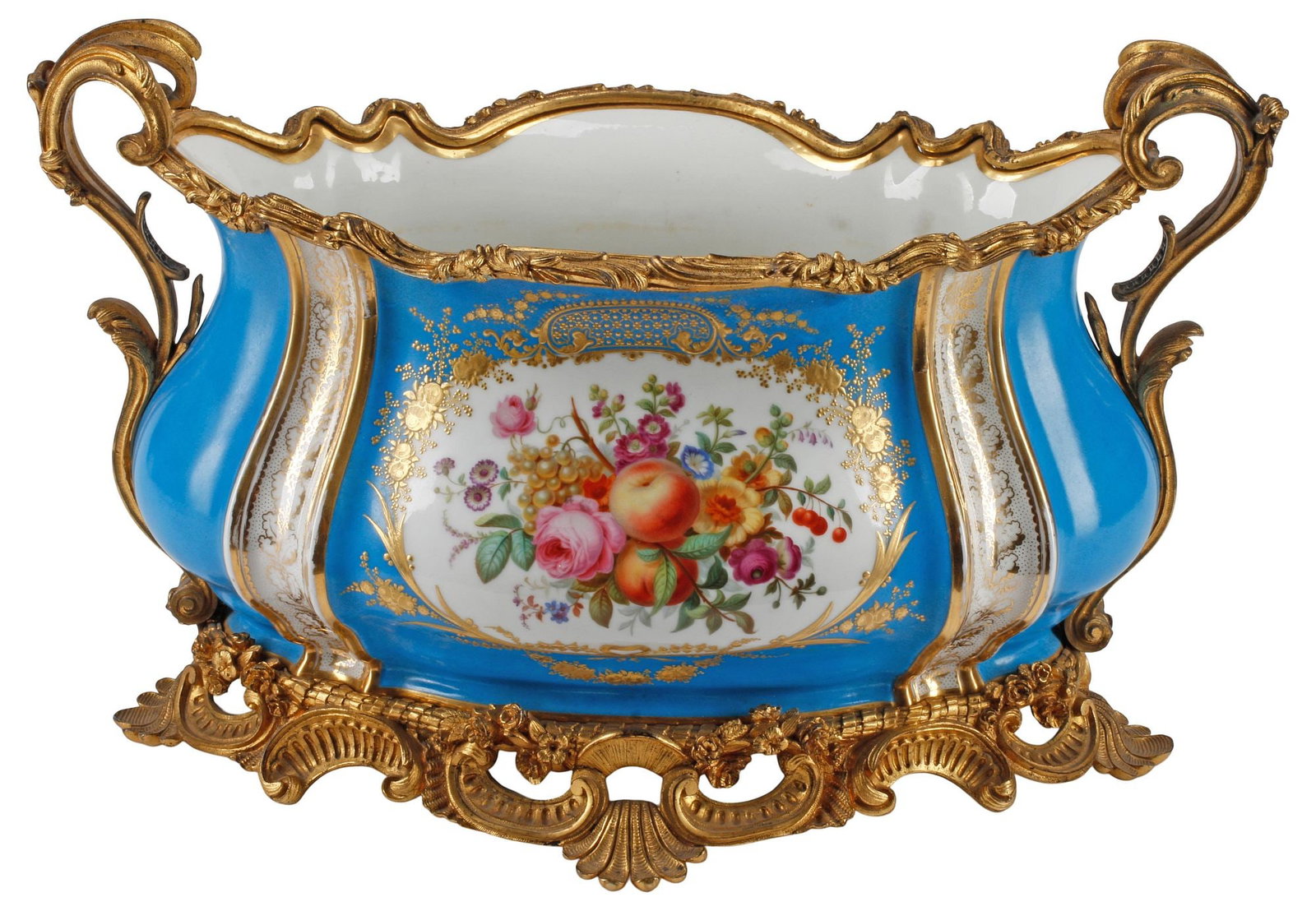 FRENCH SEVRES STYLE ORMOLU-MOUNTED PORCELAIN OVAL JARDINIERE: French Sevres style porcelain oval jardiniere/ planter, 19th c., with bronze dore mounts, dual scrolled handles, centering reserve with polychrome fruit and floral bouquet, on shaped base, approx 10.5
