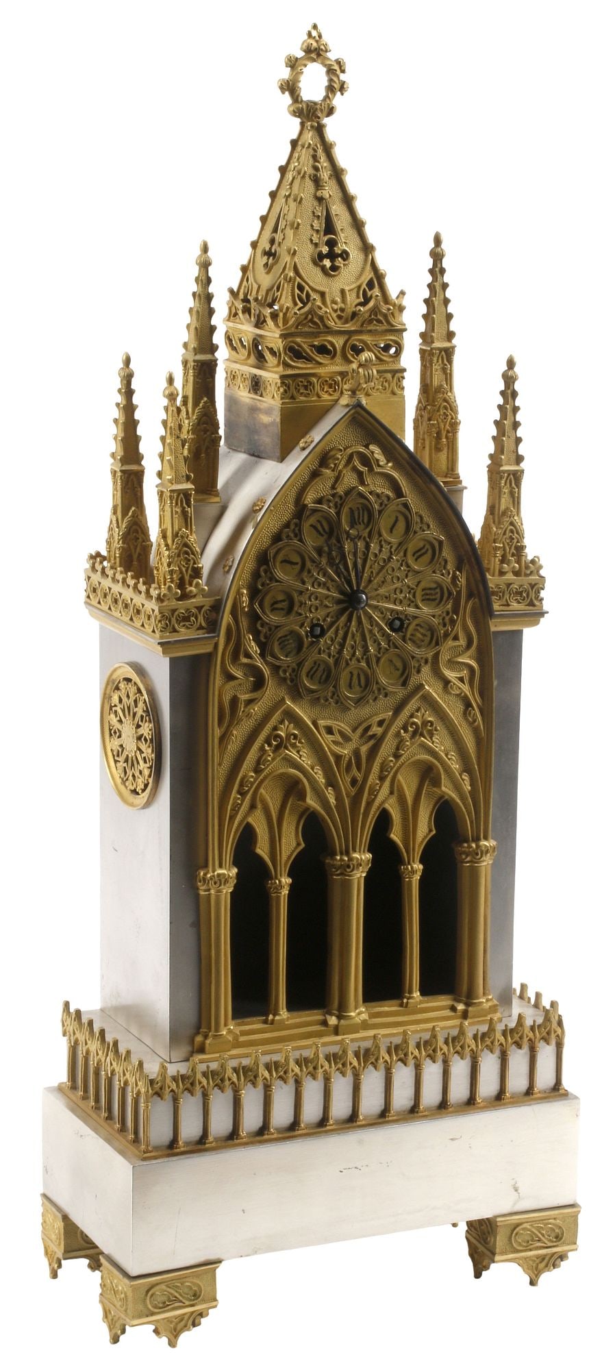FRENCH GOTHIC REVIVAL GILT BRONZE & SILVERED METAL CATHEDRAL CLOCK, 19THC. (1 of 5)