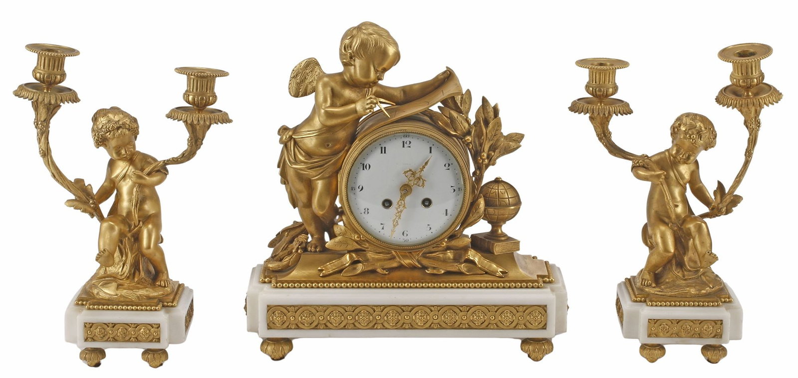 (3) FRENCH LOUIS XVI STYLE ORMOLU & MARBLE CHERUB MANTEL CLOCK & GARNITURE SET (1 of 9)