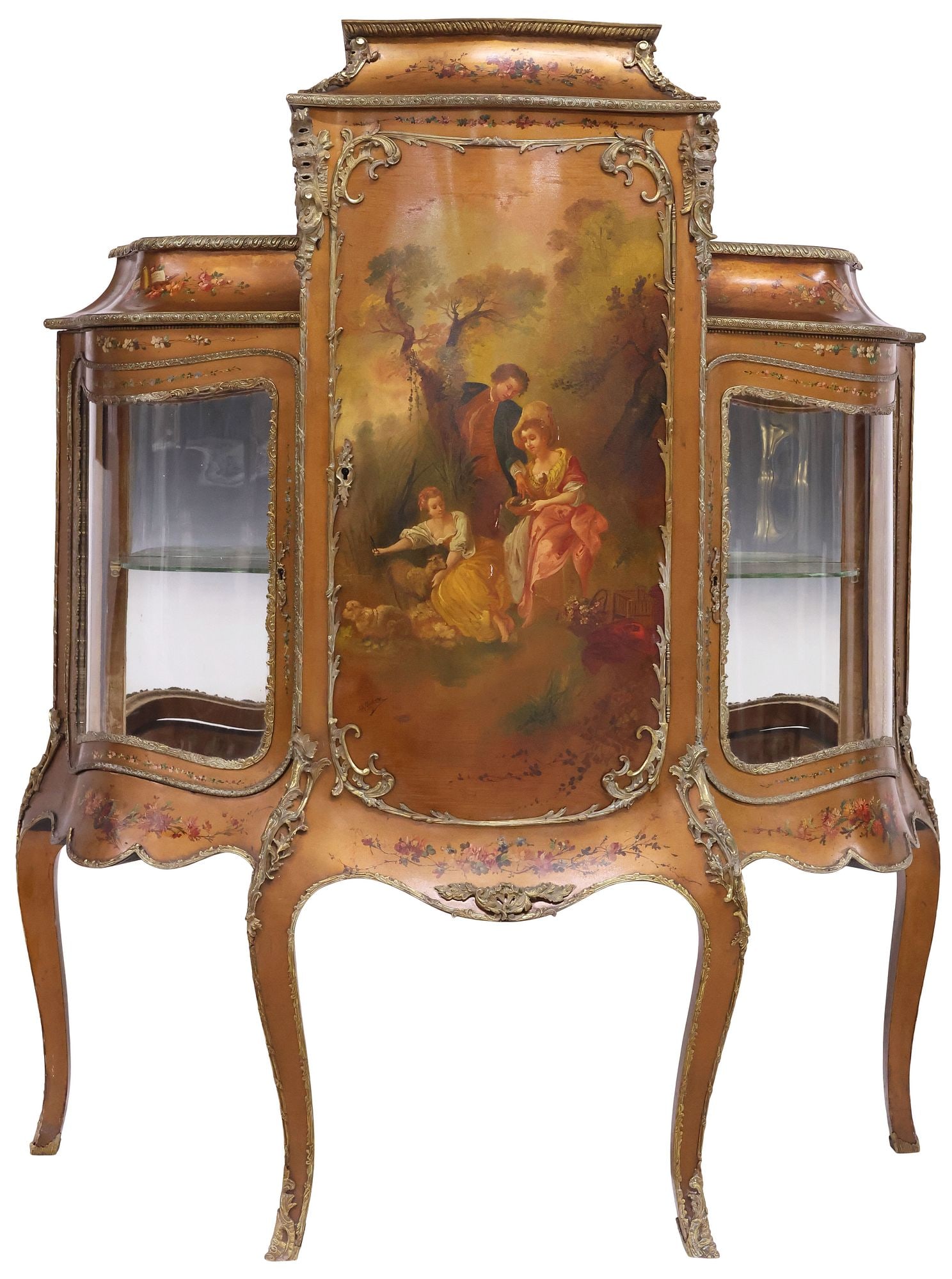 FRENCH LOUIS XV 'VERNIS MARTIN' STYLE PARCEL-GILT & PAINTED VITRINE CABINET: French Louis XV style paint-decorated bombe vitrine/ display cabinet, early 20th c., central cabinet door with "Vernis Martin" style painted scene of figures in a pastoral landscape on gilt ground, si