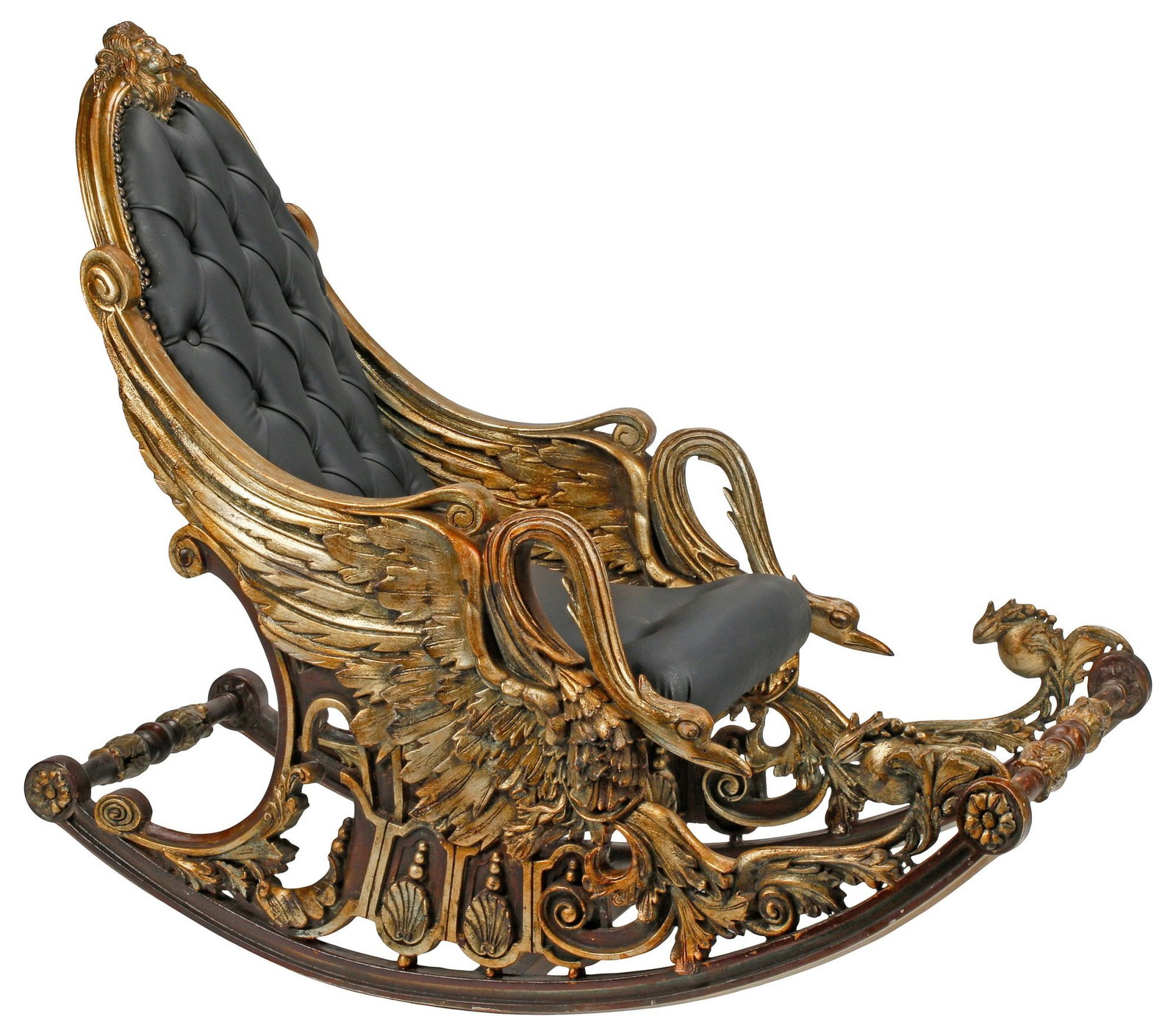 ORNATE VENETIAN STYLE UPHOLSTERED GILT ANTASY ROCKING CHAIR: Venetian style giltwood fantasy rocking chair, having lion mask crest, above padded back and seat in white button-tufted leather upholstery, sides modeled as winged swans, on stretcher-joined base, ap