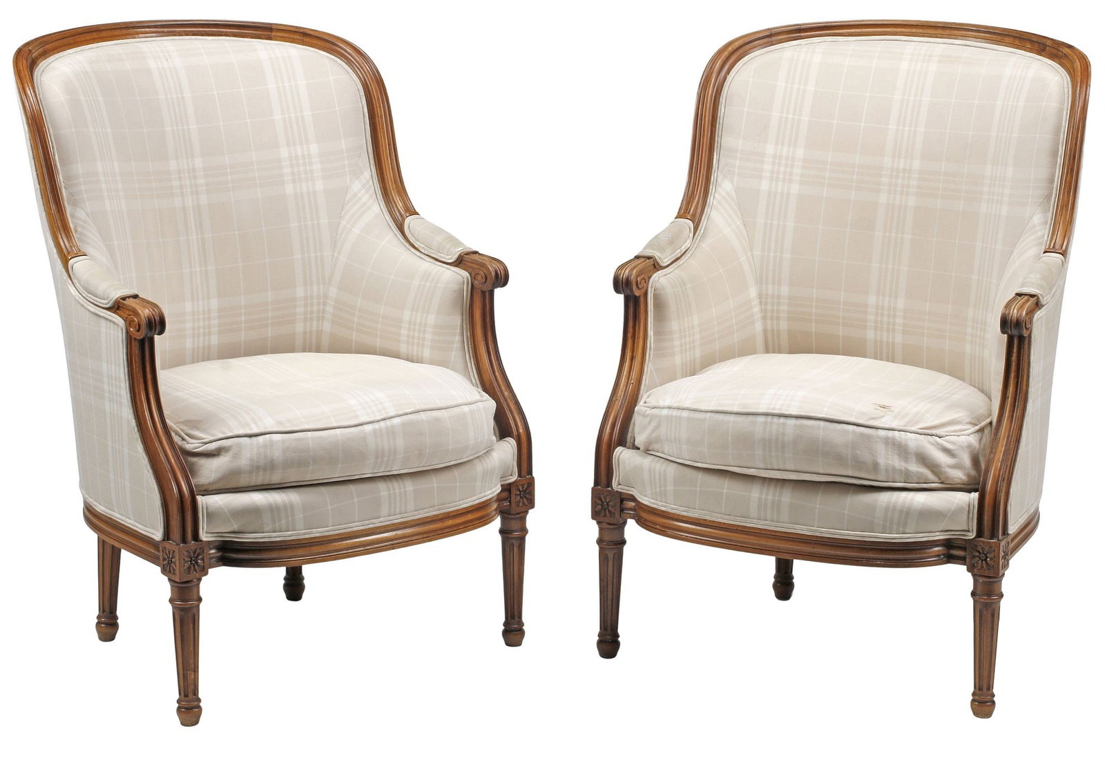 (2) LOUIS XVI STYLE PLAID-UPHOLSTERED WALNUT TUB CHAIRS / BERGERES (1 of 5)