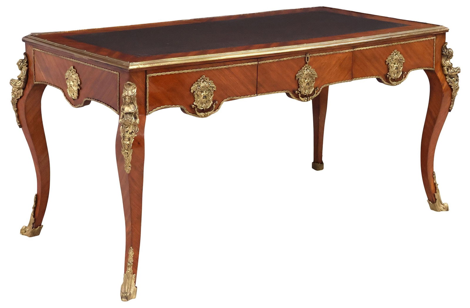 FRENCH LOUIS XV STYLE LEATHER-TOP MATCHED VENEER WRITING DESK (1 of 7)