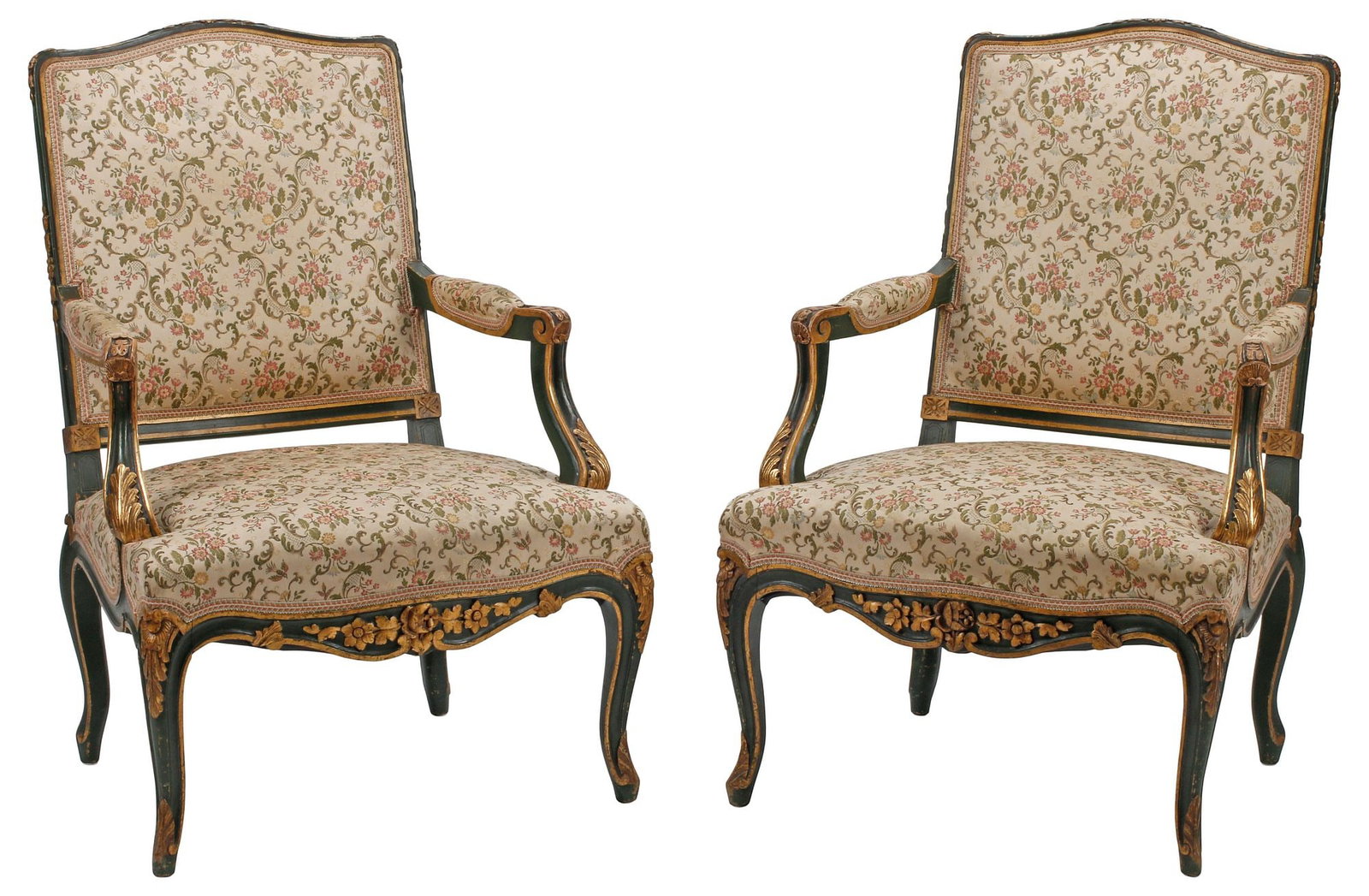 (2) ITALIAN LOUIS XV STYLE PARCEL-GILT UPHOLSTERED ARMCHAIRS (1 of 5)