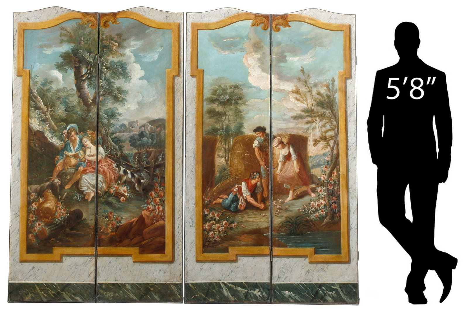 (2) MANNER OF BOUCHER (D.1790) FRENCH SCHOOL 2-PANEL FLOOR SCREENS, 70"H (1 of 7)