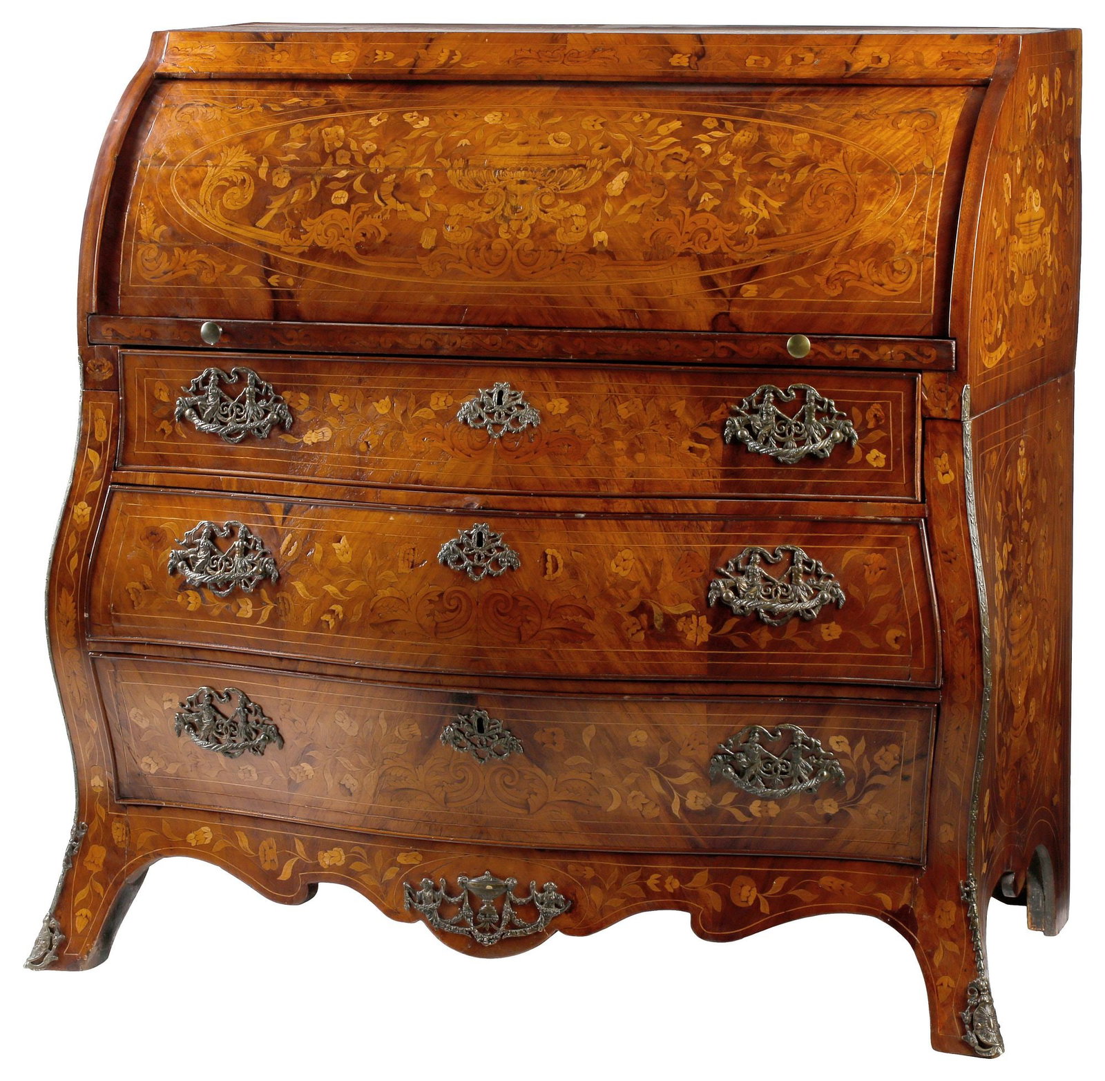 DUTCH ROCOCO STYLE MARQUETRY INLAID ROLL-TOP CYLINDER DESK / BUREAU (1 of 12)