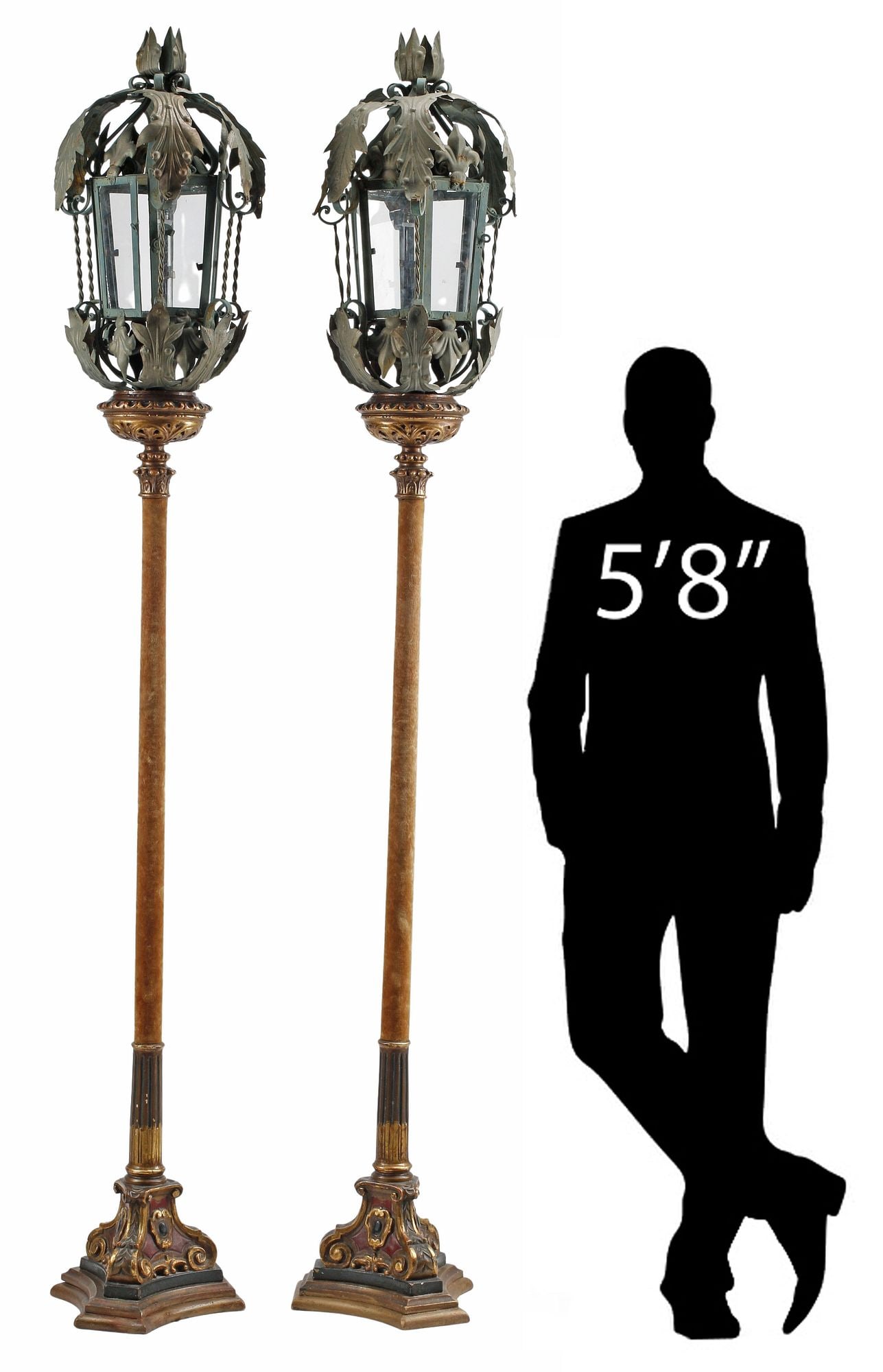 (2) SPANISH STYLE WROUGHT IRON, TOLE & PARCEL-GILT FLOOR LANTERNS, 85"H (1 of 6)