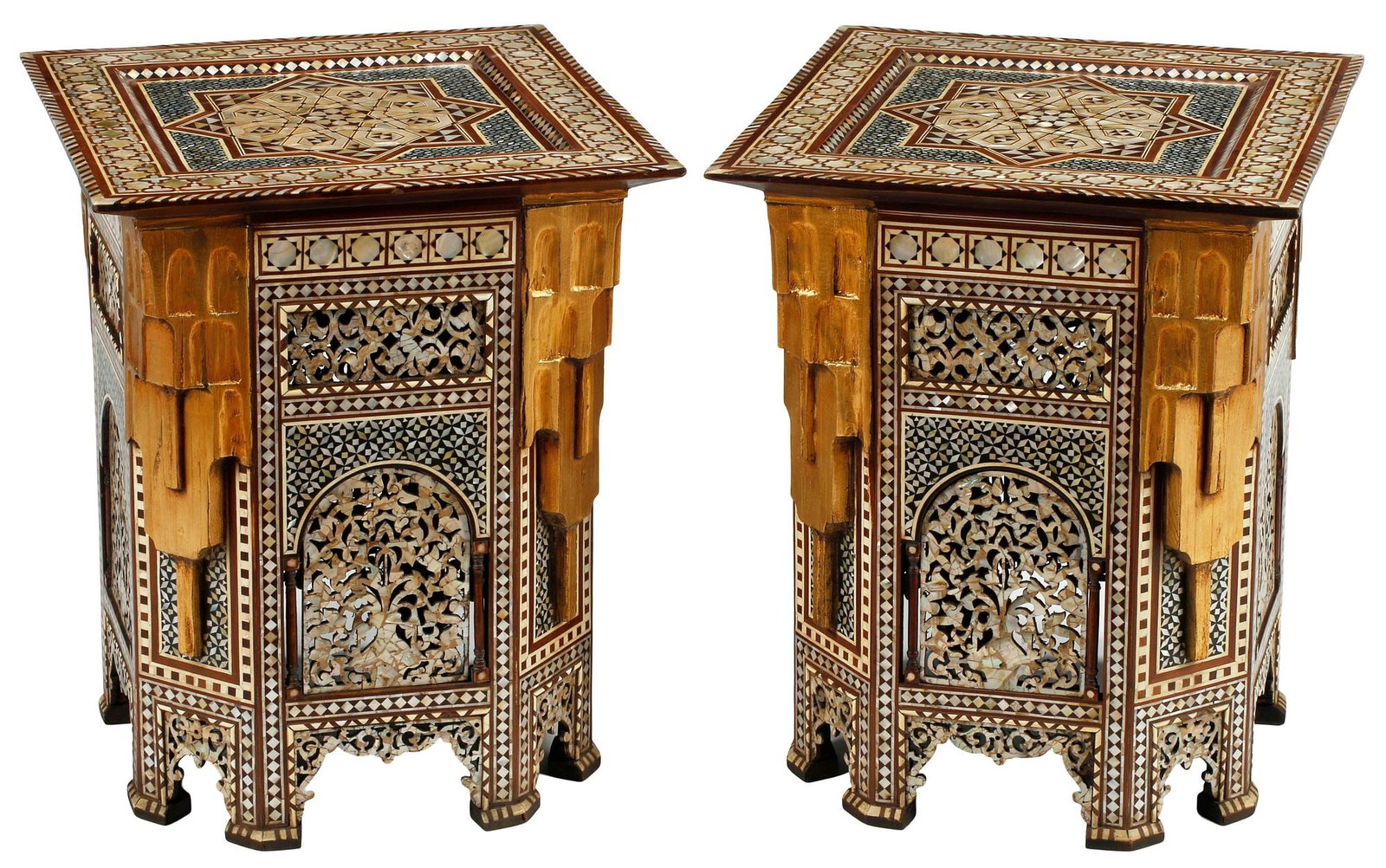 (2) MOORISH STYLE PARCEL-GILTWOOD INLAID SQUARE SIDE TABLES (1 of 5)