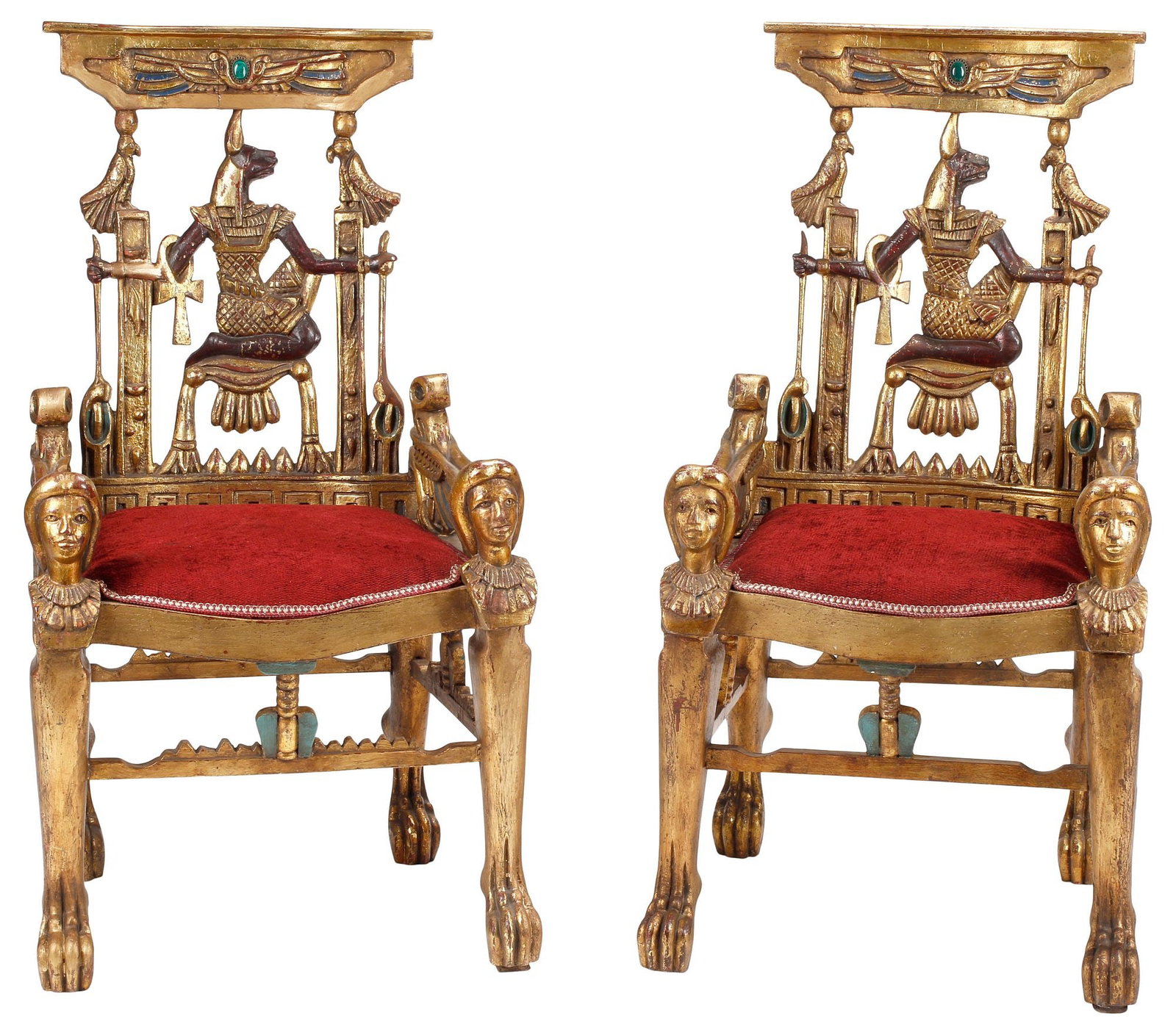 (2) EGYPTIANESQUE CARVED PARCEL-GILT UPHOLSTERED SLIPPER CHAIRS (1 of 5)
