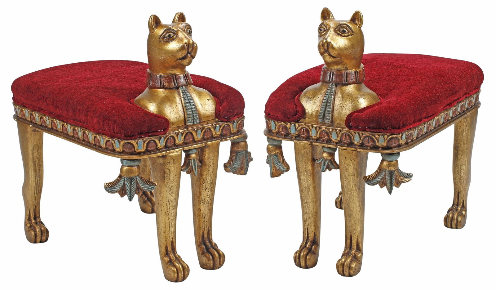 (2) EGYPTIAN STYLE PARCEL-GILT & PAINTED UPHOLSTERED CAT-FORM BENCHES: (pair) Egyptianesque parcel-gilt and painted benches, each having padded seat in red upholstery, rising on figural feline-form base with protruding bust, ending on paw feet, approx 29"h, 18"w, 29"d, s