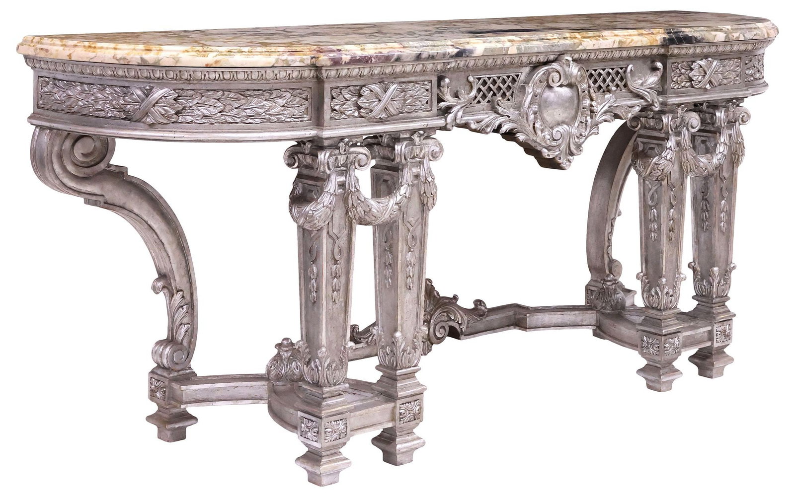 LARGE LOUIS XIV STYLE MARBLE-TOP SILVER-GILTWOOD CONSOLE TABLE, 91.5"L (1 of 5)