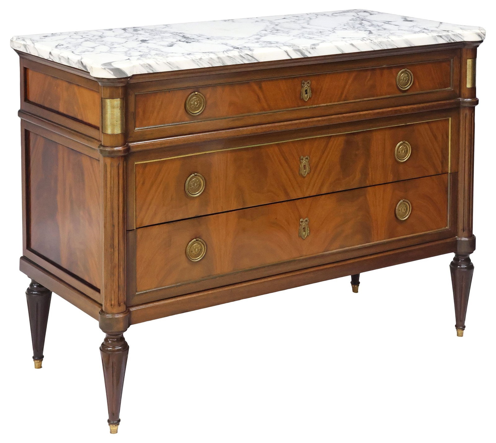 FRENCH LOUIS XVI STYLE MARBLE-TOP FLAME MAHOGANY COMMODE (1 of 5)