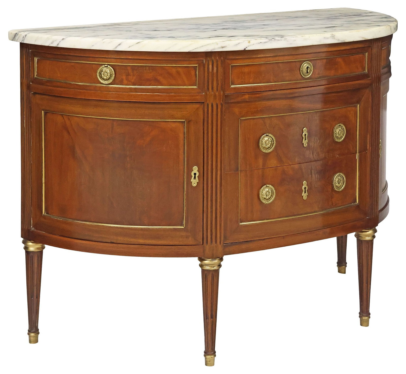 FRENCH LOUIS XVI STYLE MARBLE-TOP MAHOGANY DEMILUNE COMMODE (1 of 6)