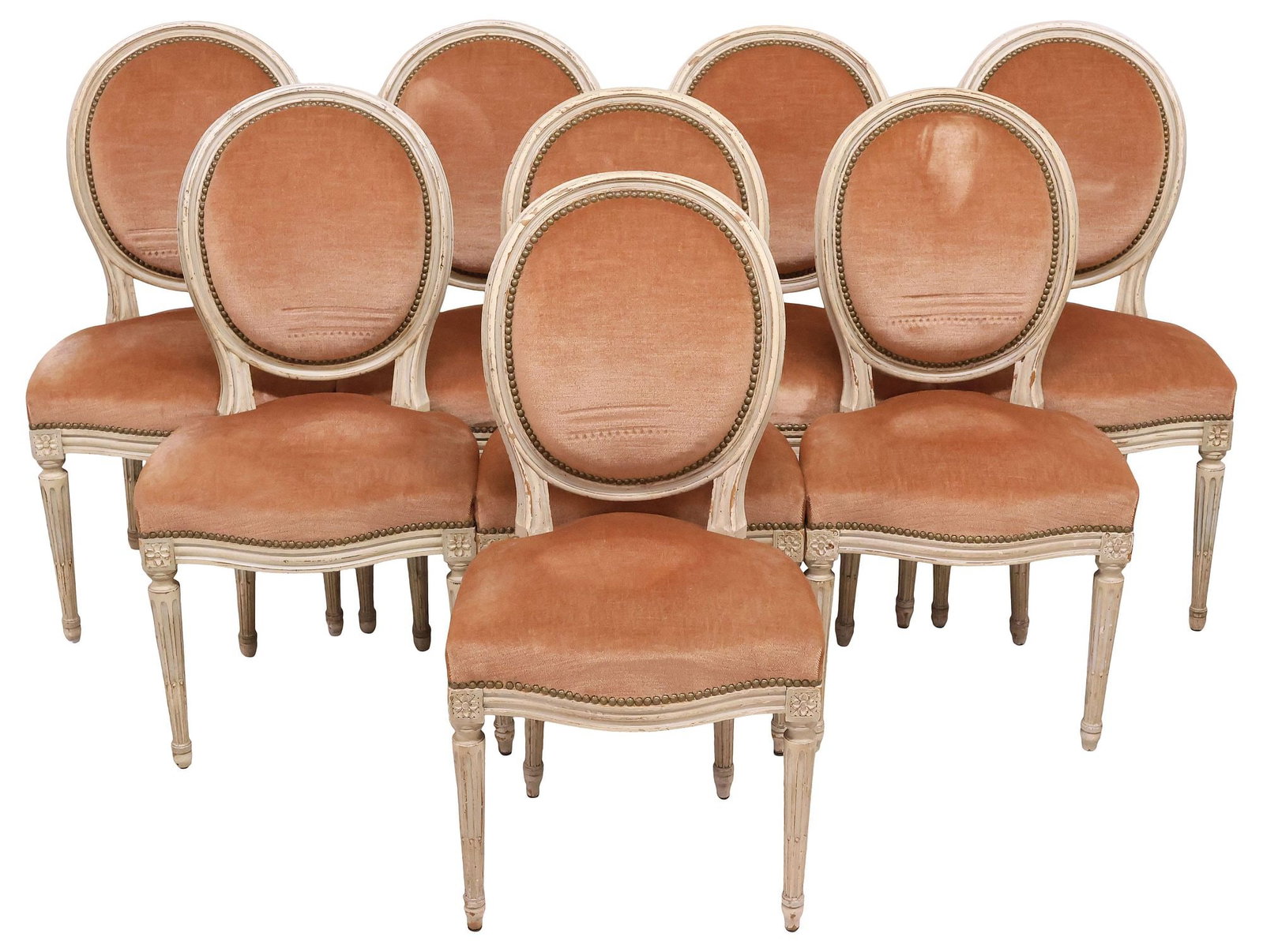 (8) FRENCH LOUIS XVI STYLE WHITE-PAINTED & UPHOLSTERED DINING CHAIRS (1 of 3)