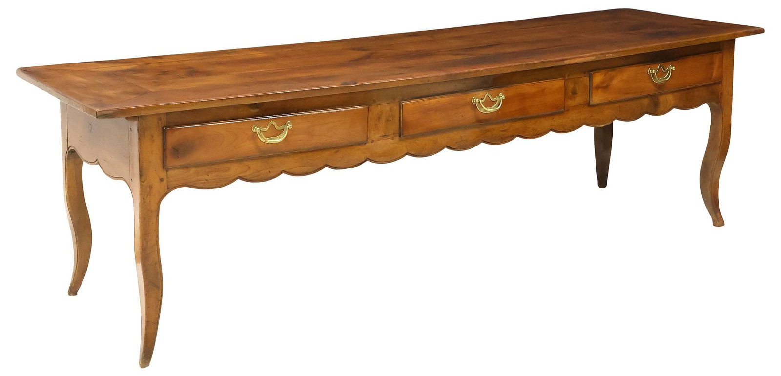 FRENCH PROVINCIAL LOUIS XV STYLE CHERRYWOOD DRESSER BASE / CONSOLE, 104.5"L: Large French Provincial Louis XV style cherrywood dresser base or console table, 19th c., having long multi-plank top, over three drawers, and scalloped apron, rising on cabriole legs, approx 30.5"h, 