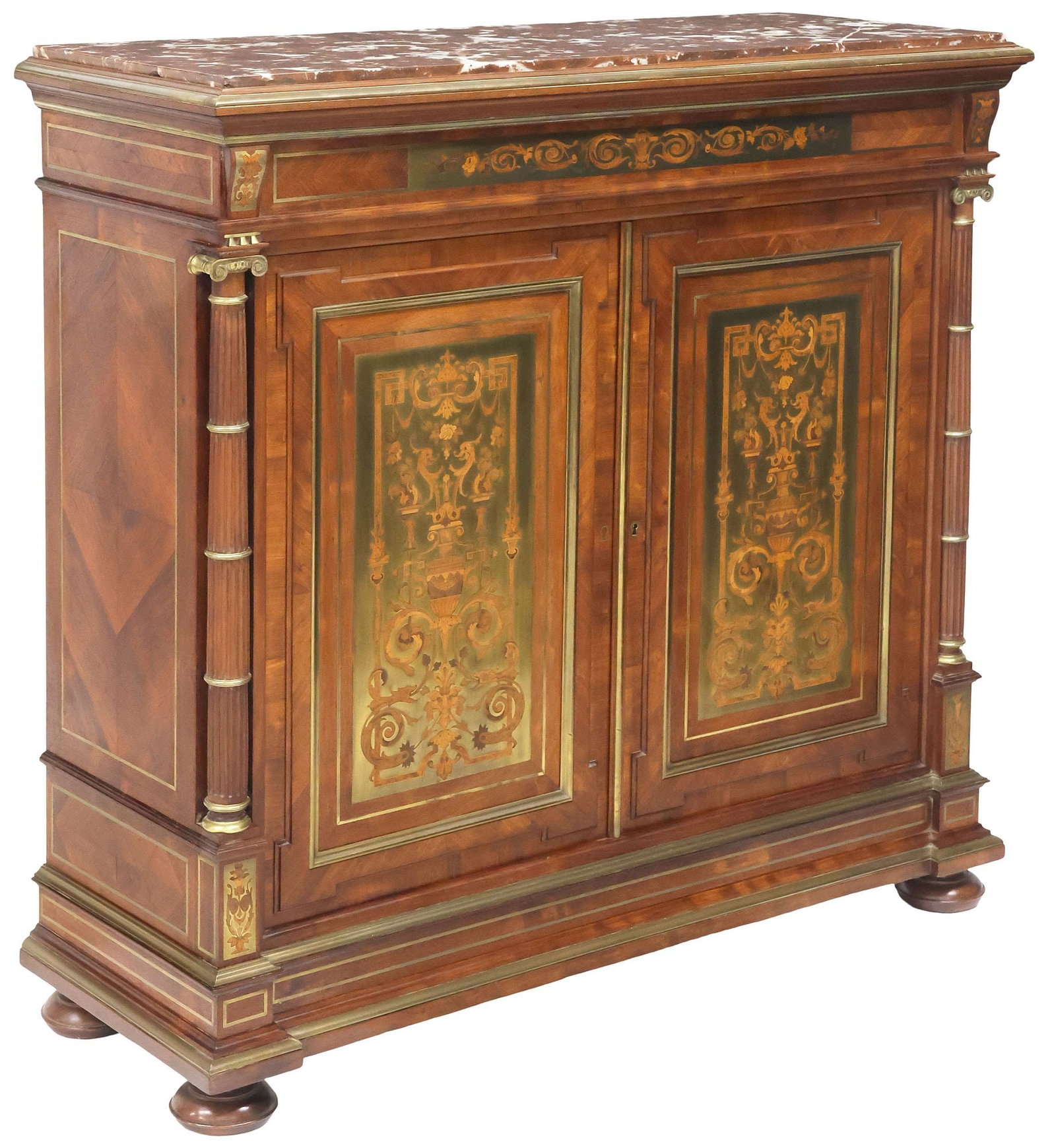 FINE FRENCH NAPOLEON III MARBLE-TOP BRASS & MARQUETRY-INLAID CABINET: Fine French Napoleon III period matched-veneer cabinet, 19th c., having inset marble top, above inlaid frieze and dual cabinet doors, with cut-brass inlay and scrolling foliate marquetry, revealing