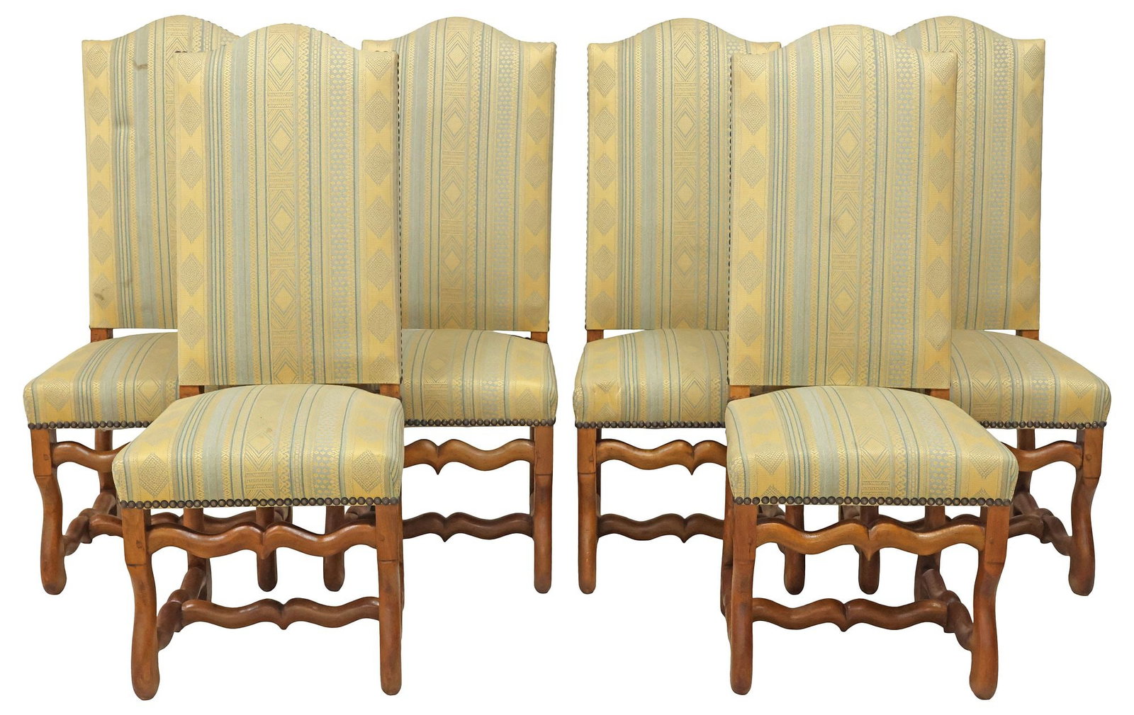 (6) FRENCH LOUIS XIV STYLE UPHOLSTERED WALNUT HIGHBACK SIDE CHAIRS: (lot of 6) French Louis XIV style walnut dining chairs, early 20th c., high padded backs and seats in a striped fabric upholstery, with nailhead trim, on stretcher-joined volute legs, approx 45"h,