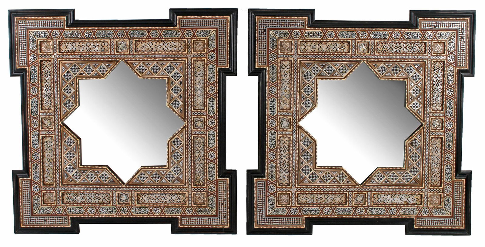 (2) MOORISH STYLE INLAID STAR MOTIF MIRRORS, 39" X 39": (pair) Moorish style inlaid mirrors, shaped frame with bone and mother-of-pearl geometric inlay, encasing eight-point star flat mirror plate, approx 39"h, 39"w, 48lbs total